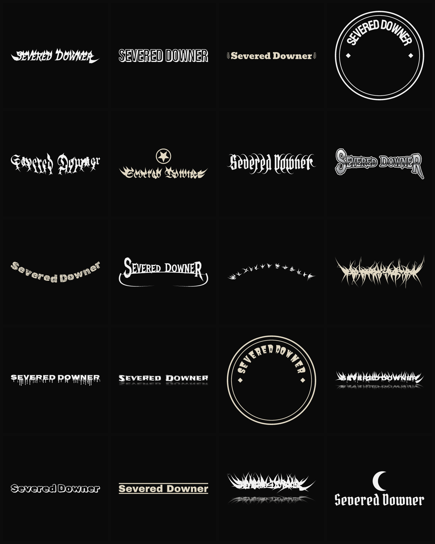 Twenty Severed Downer band logo ideas — different faces, treatments and spike settings
