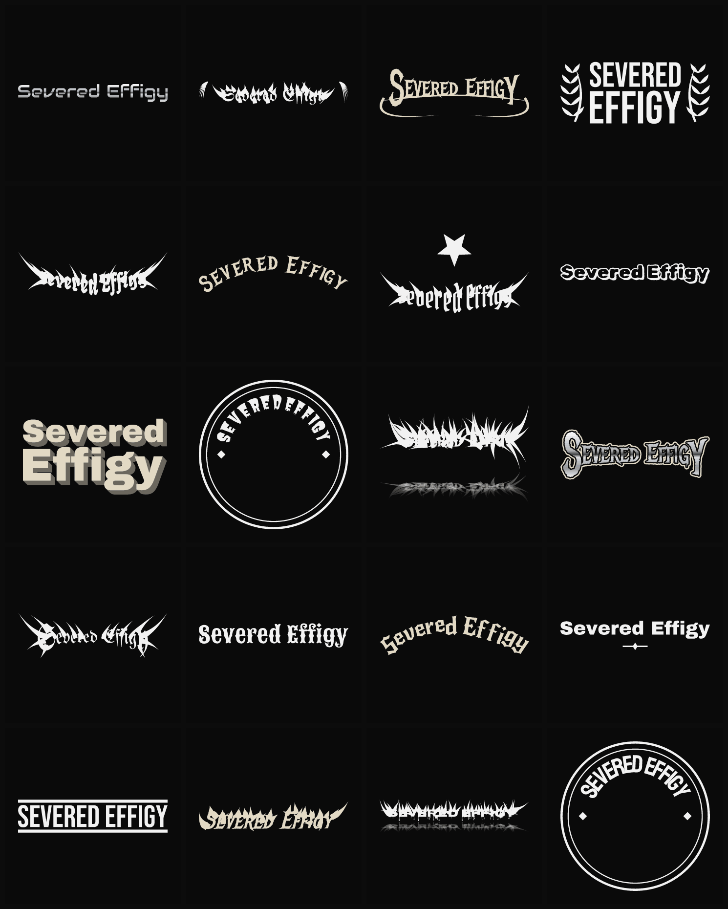Twenty Severed Effigy band logo ideas — different faces, treatments and spike settings