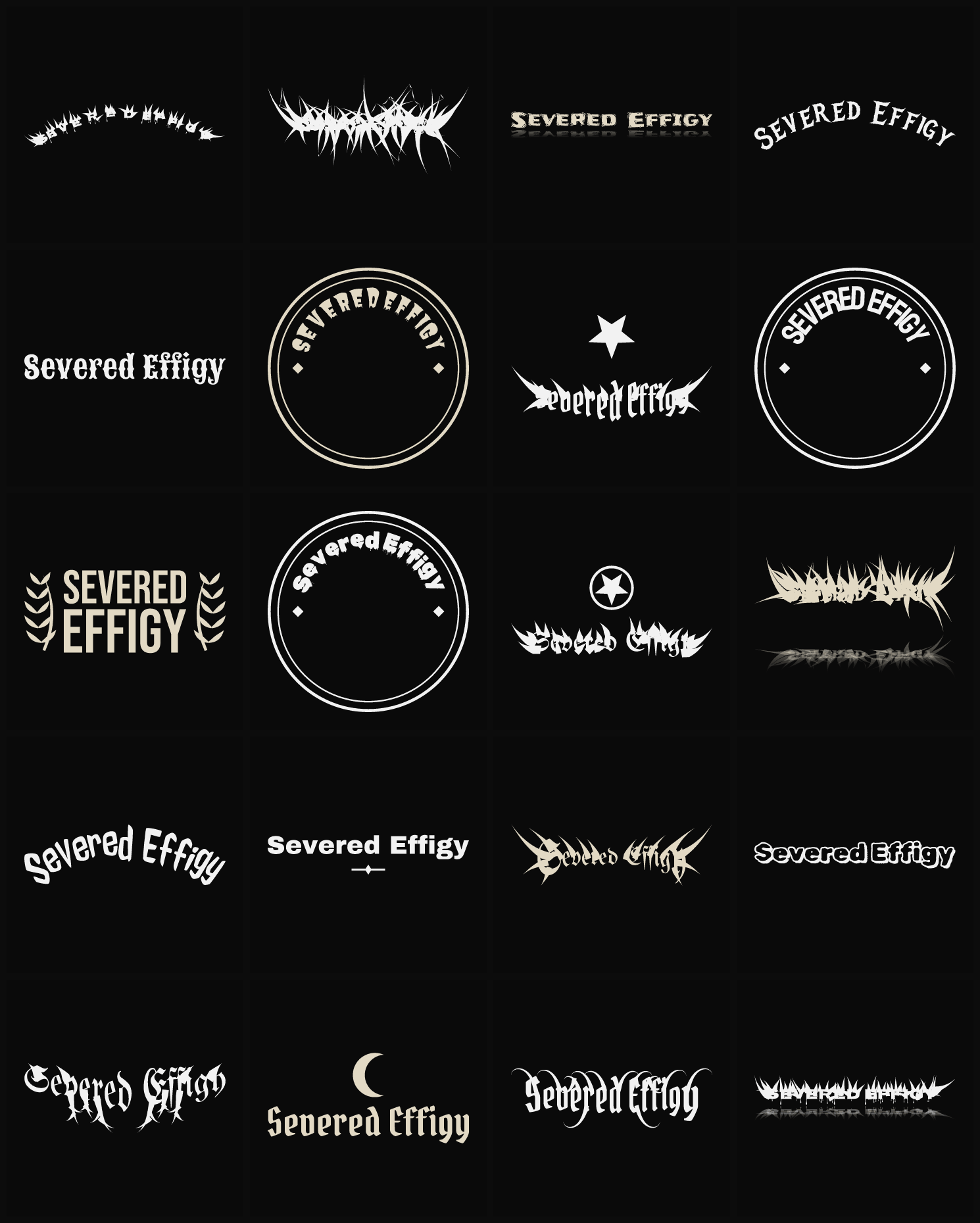 Twenty Severed Effigy band logo ideas — different faces, treatments and spike settings