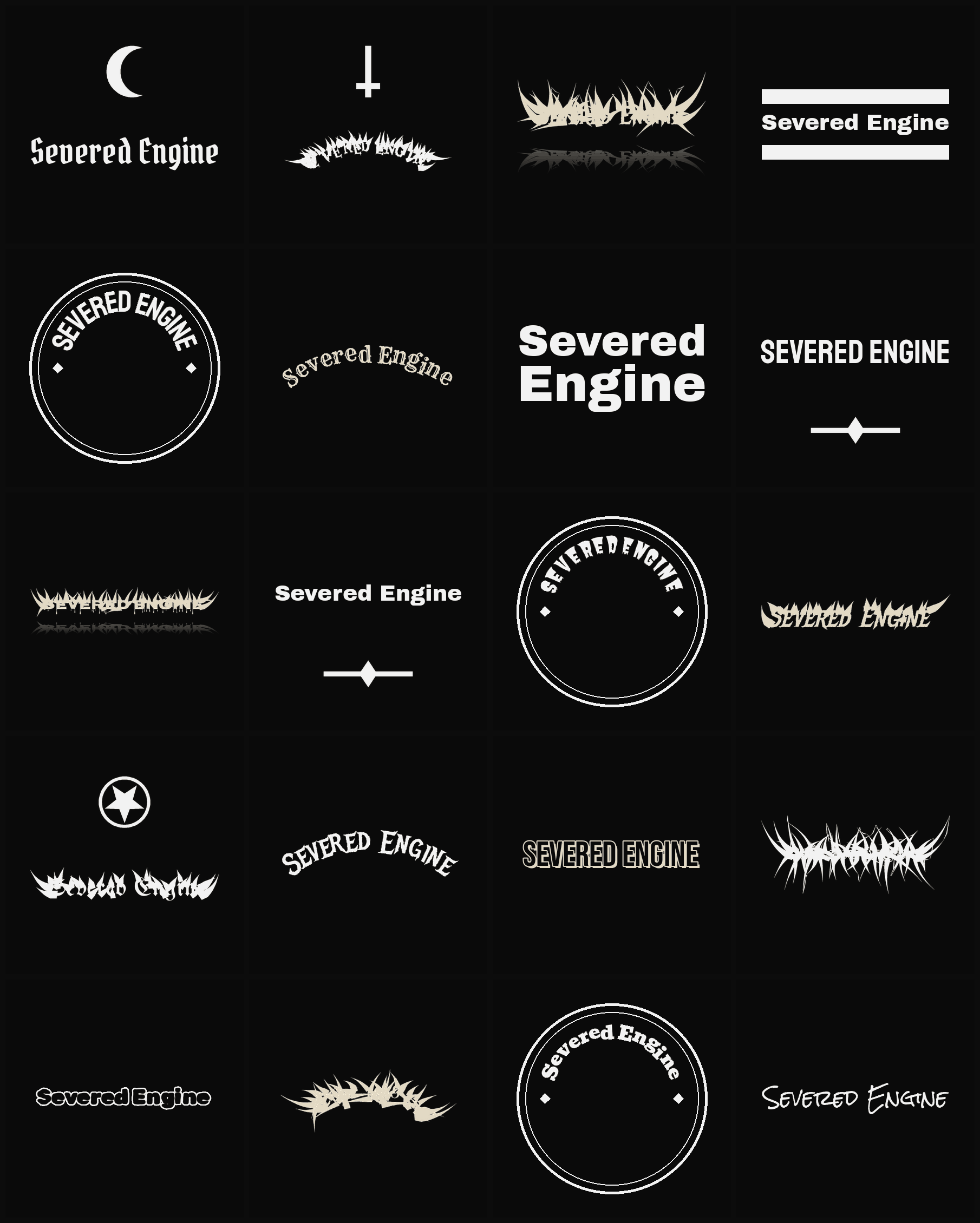 Twenty Severed Engine band logo ideas — different faces, treatments and spike settings