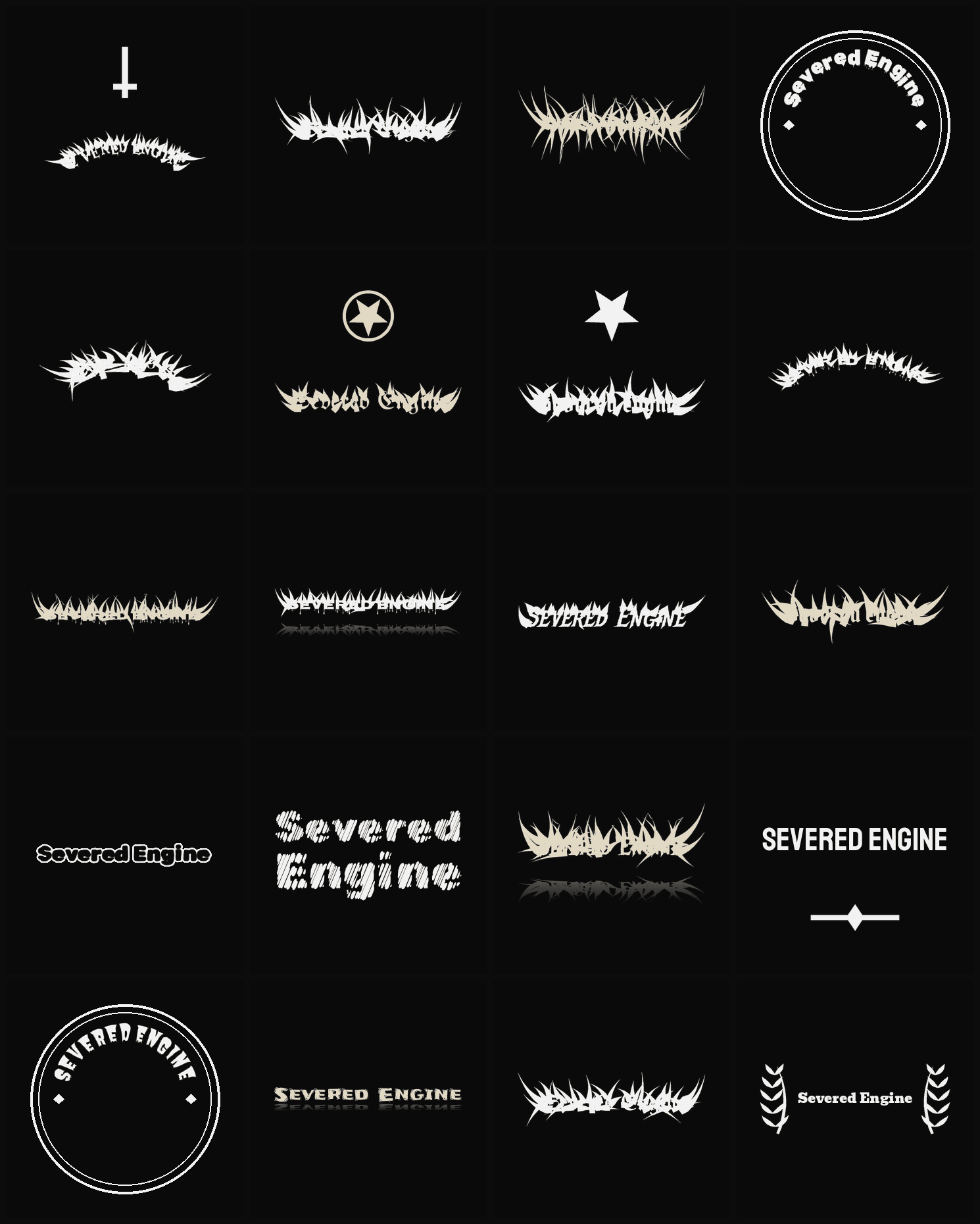 Twenty Severed Engine band logo ideas — different faces, treatments and spike settings