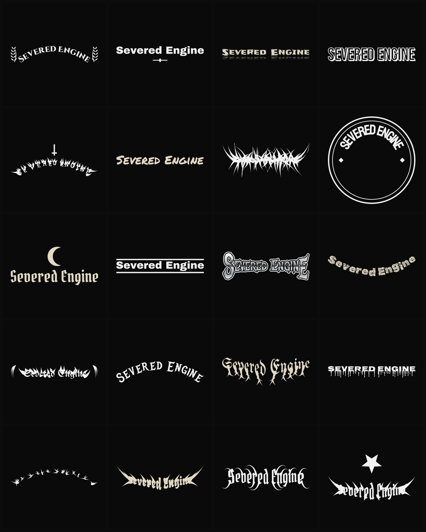 Twenty Severed Engine band logo ideas — different faces, treatments and spike settings