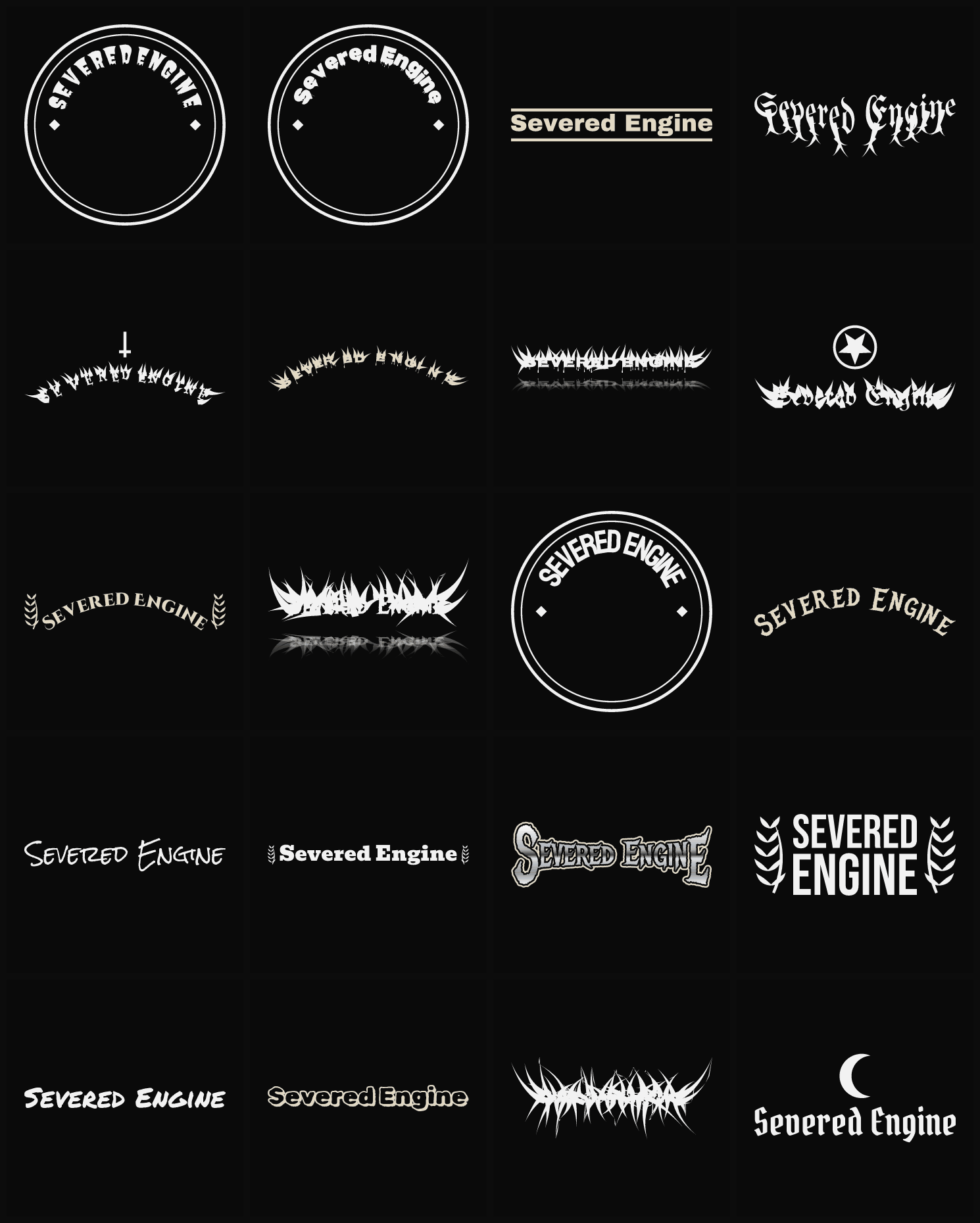 Twenty Severed Engine band logo ideas — different faces, treatments and spike settings