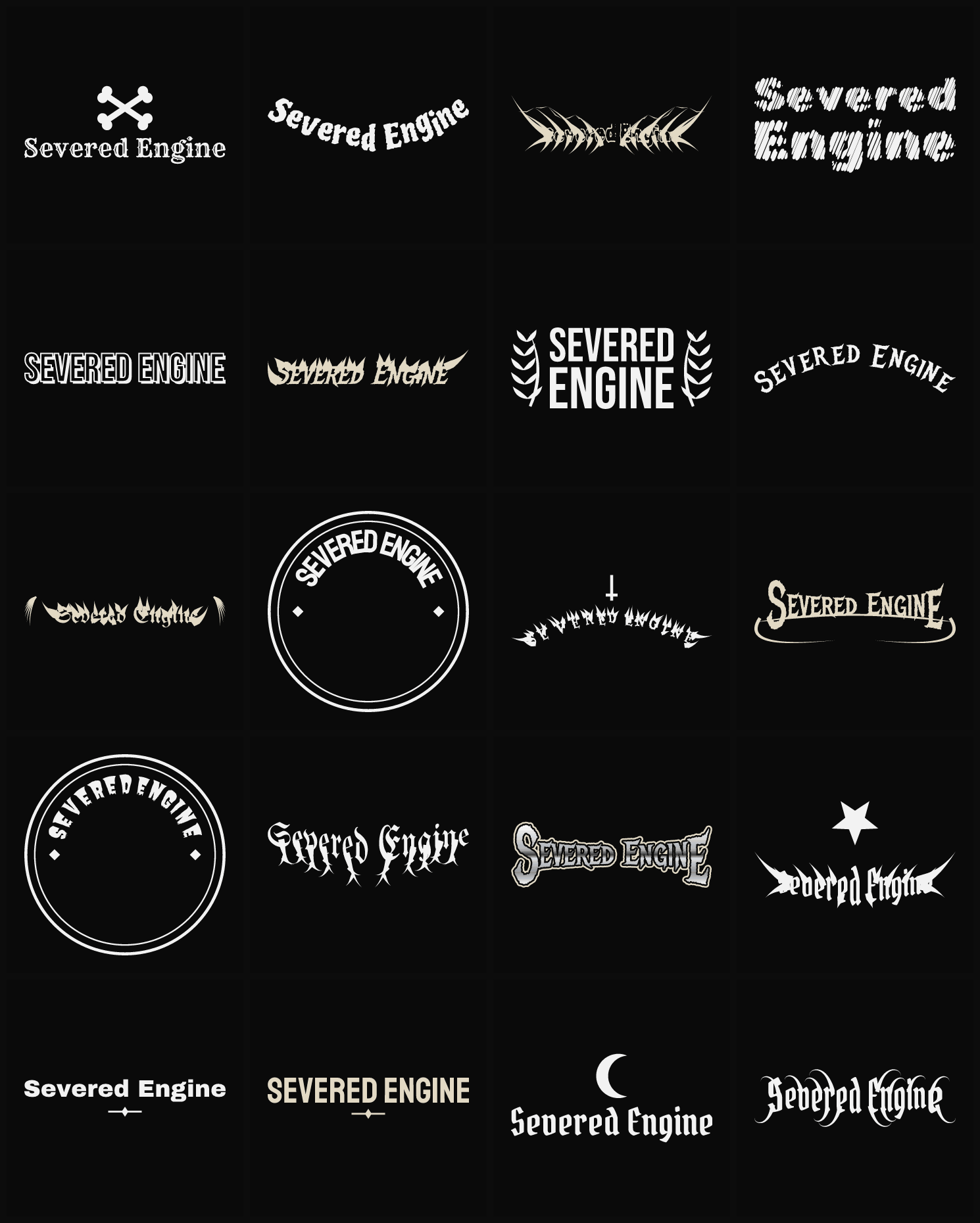 Twenty Severed Engine band logo ideas — different faces, treatments and spike settings