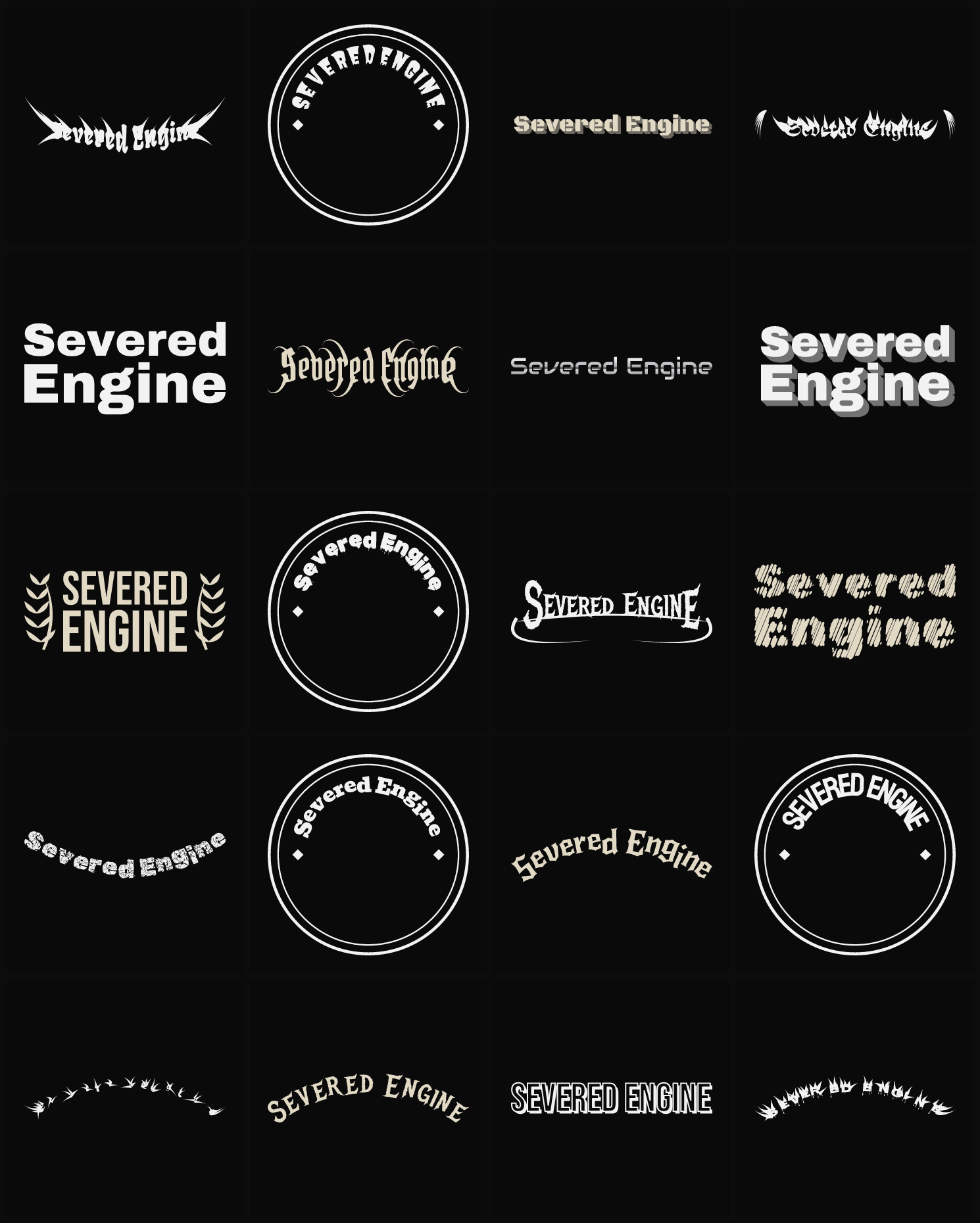 Twenty Severed Engine band logo ideas — different faces, treatments and spike settings