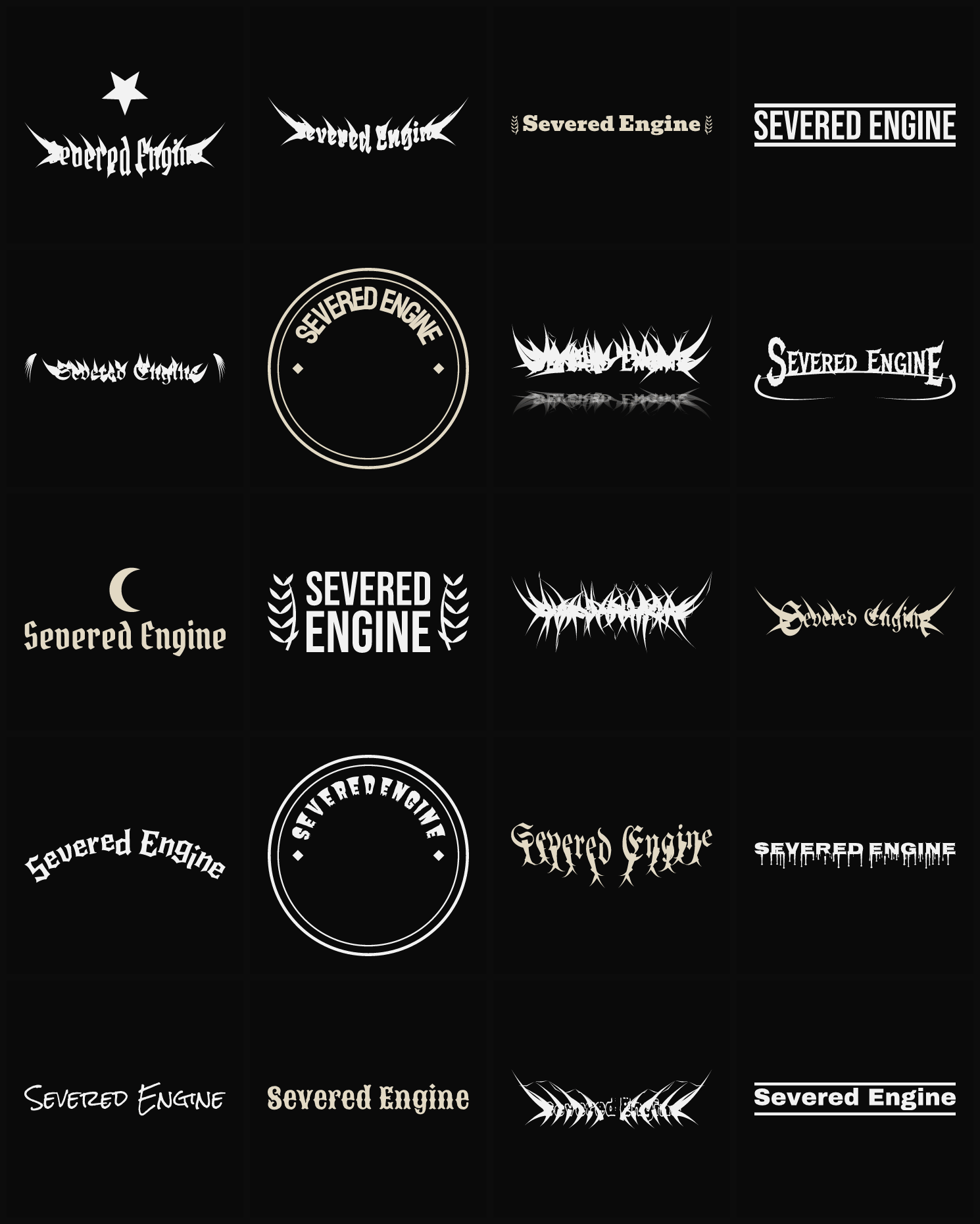 Twenty Severed Engine band logo ideas — different faces, treatments and spike settings