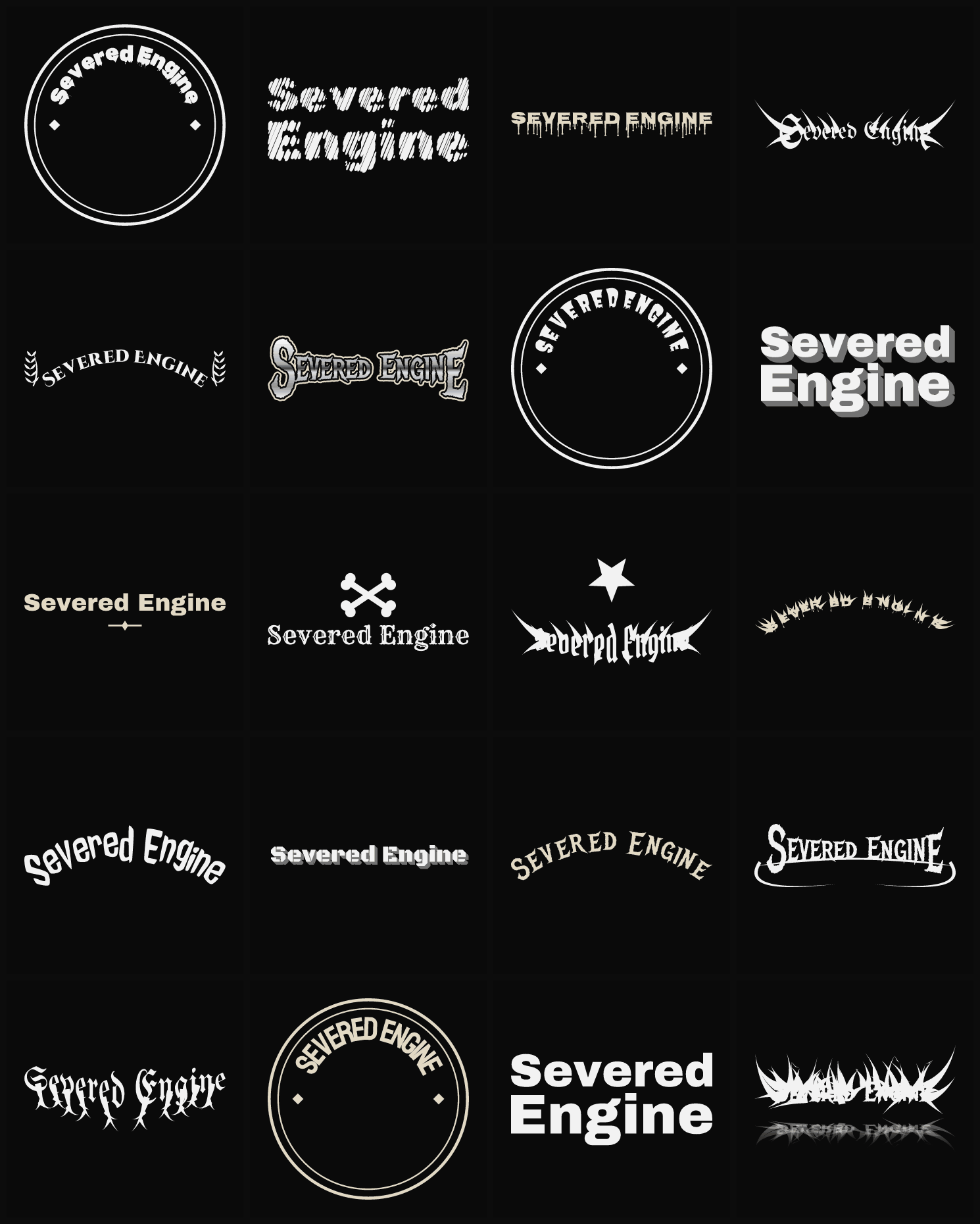 Twenty Severed Engine band logo ideas — different faces, treatments and spike settings