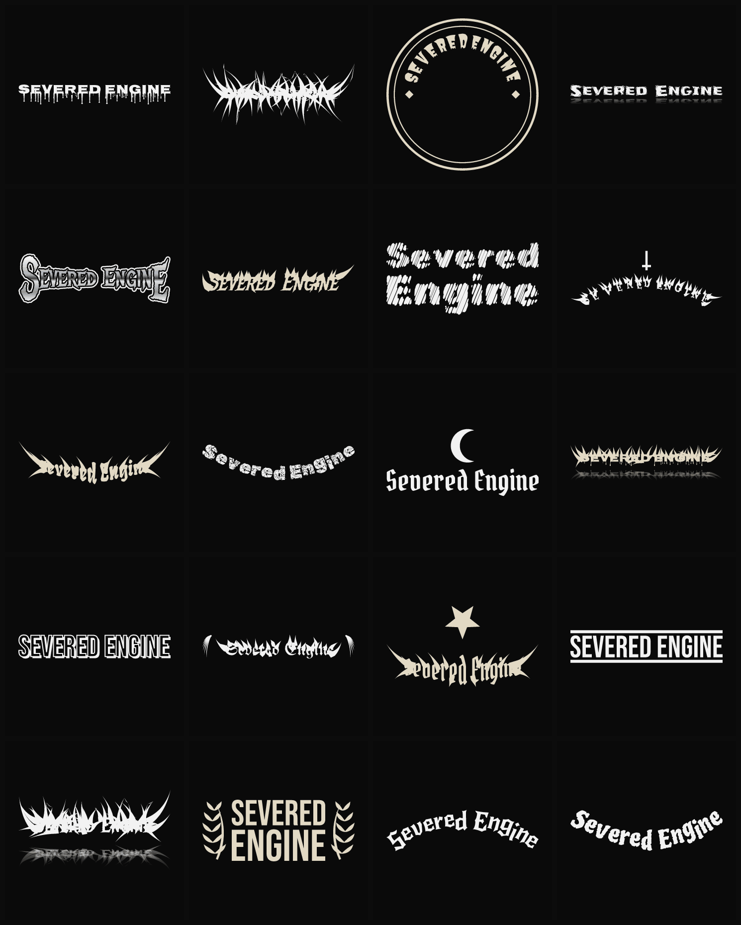 Twenty Severed Engine band logo ideas — different faces, treatments and spike settings