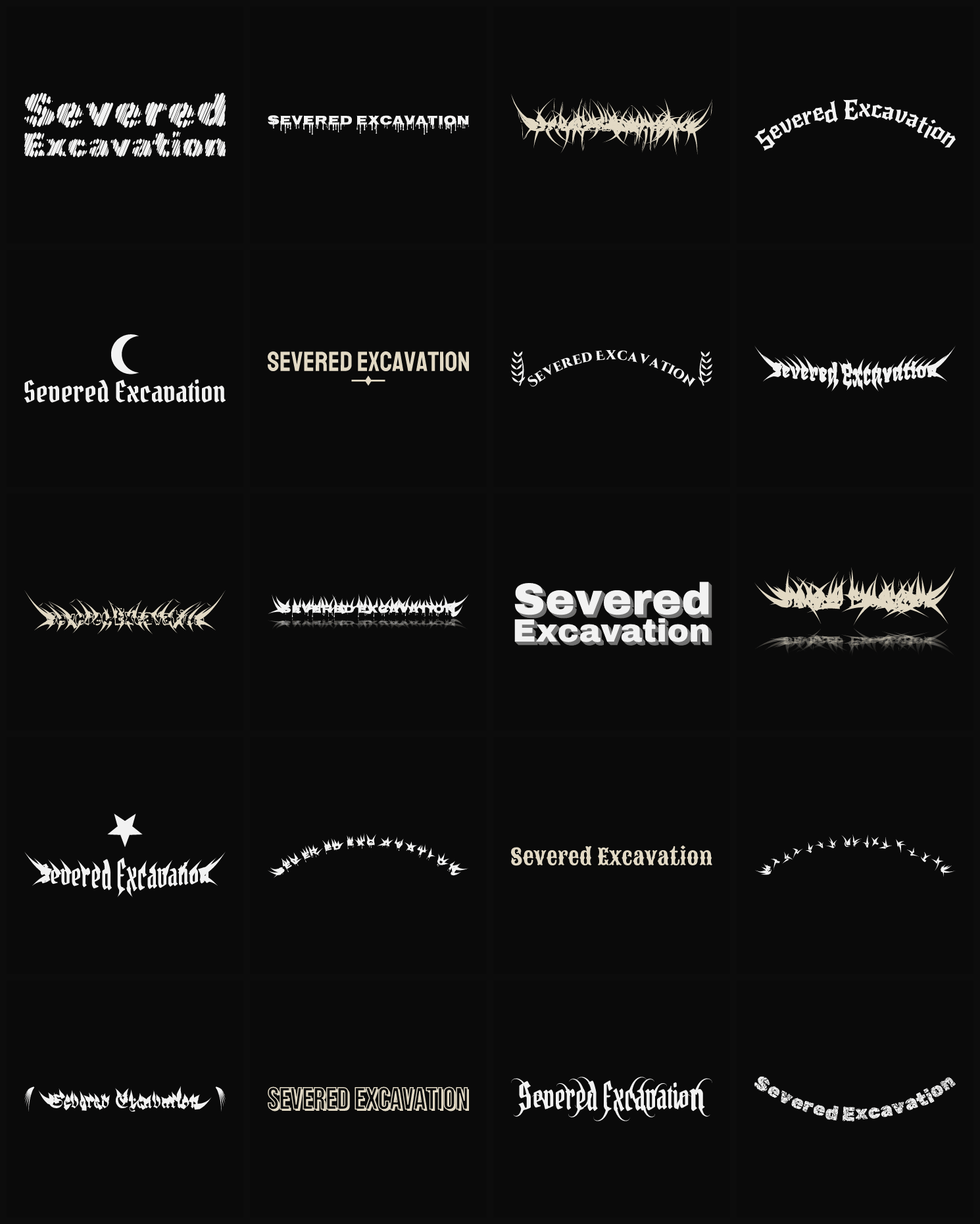 Twenty Severed Excavation band logo ideas — different faces, treatments and spike settings