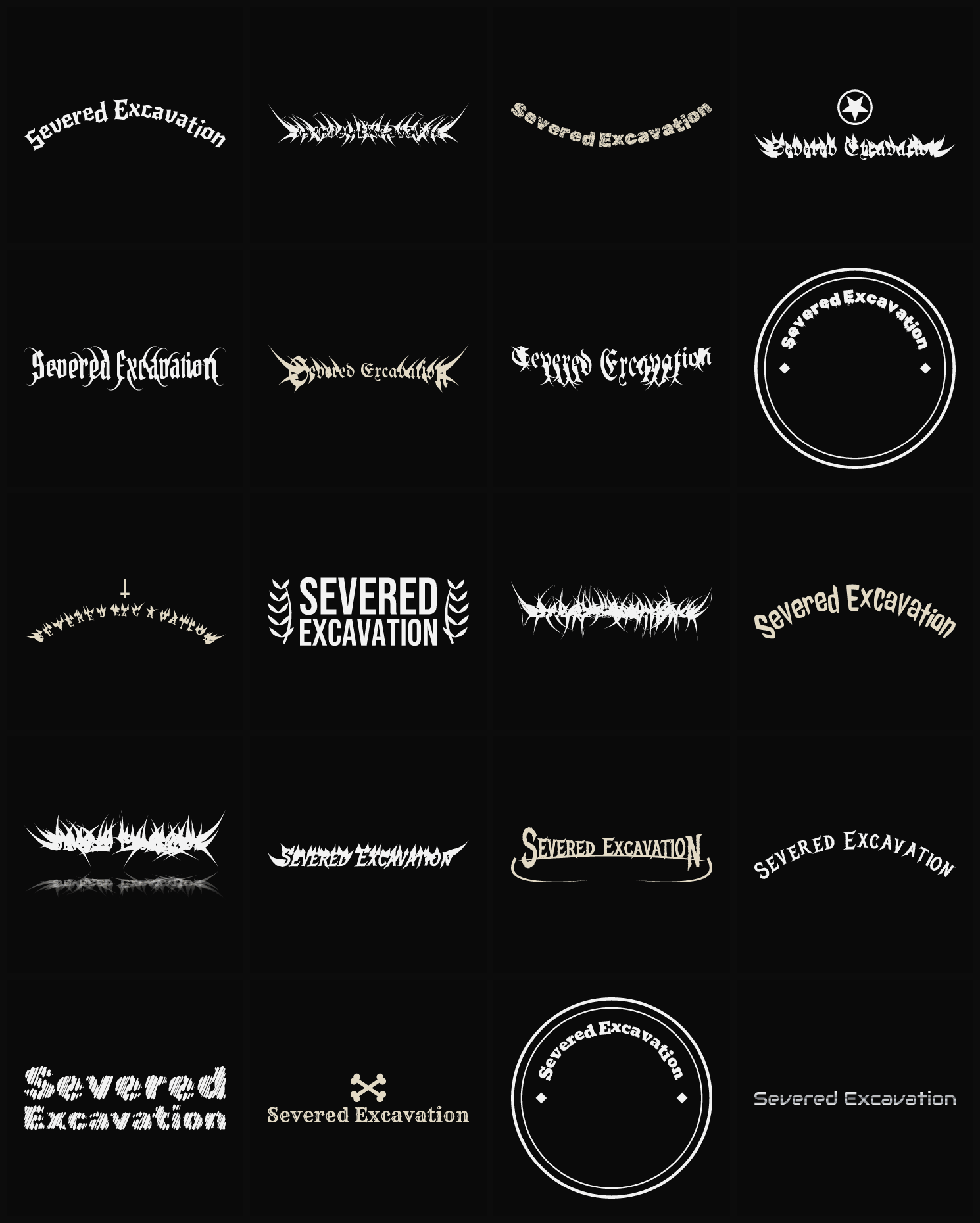 Twenty Severed Excavation band logo ideas — different faces, treatments and spike settings