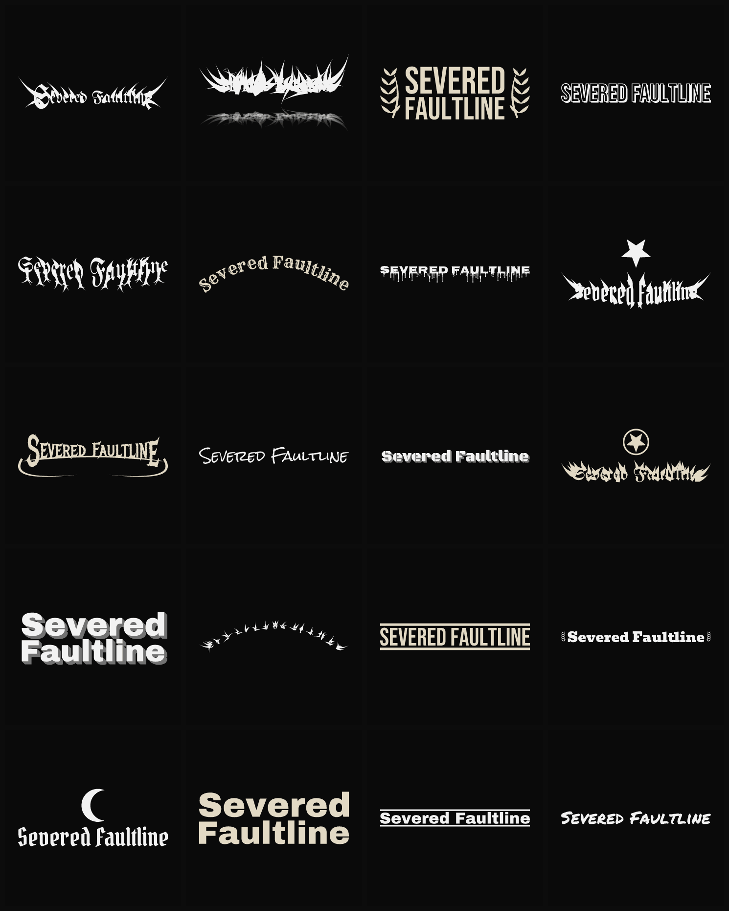 Twenty Severed Faultline band logo ideas — different faces, treatments and spike settings
