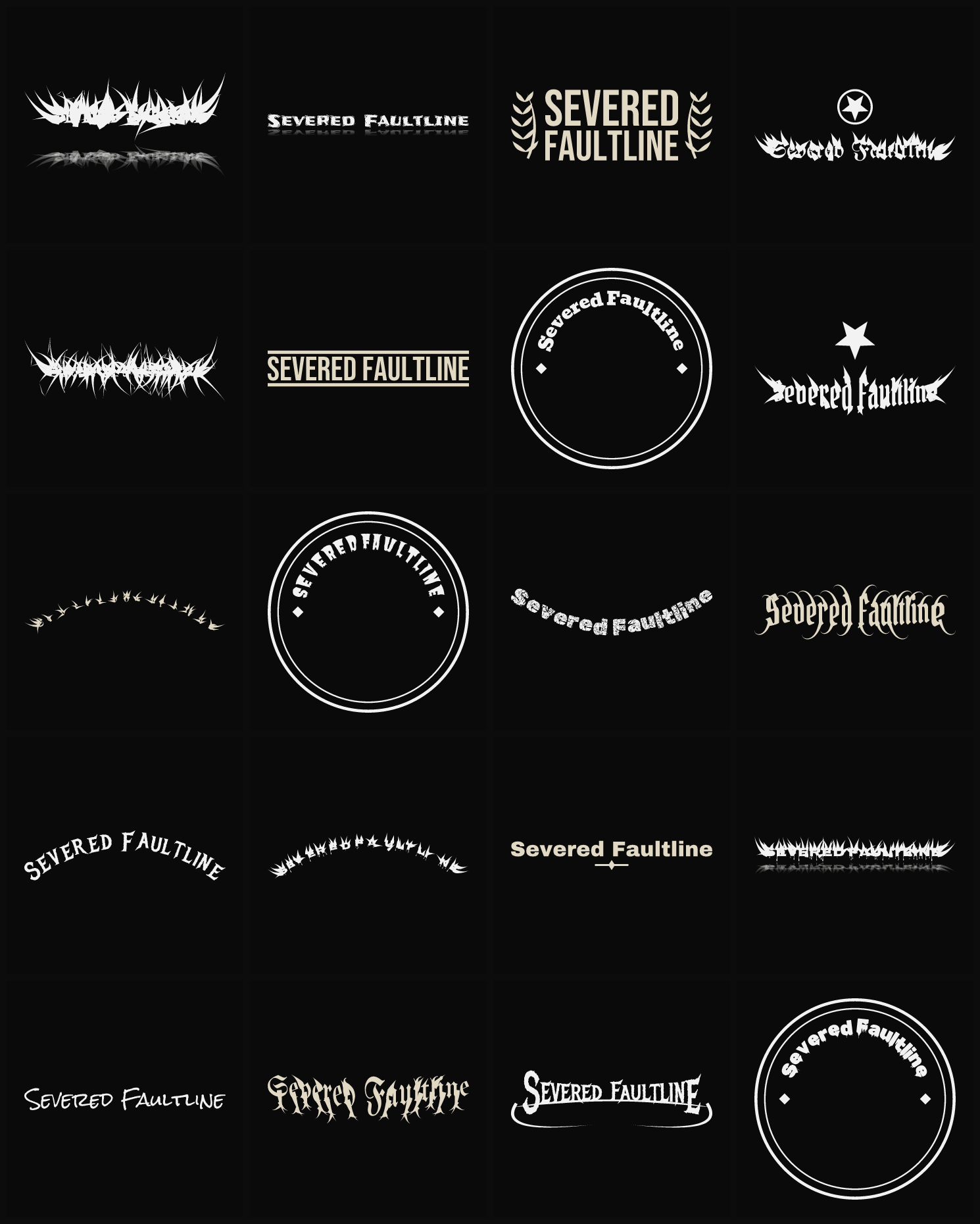 Twenty Severed Faultline band logo ideas — different faces, treatments and spike settings