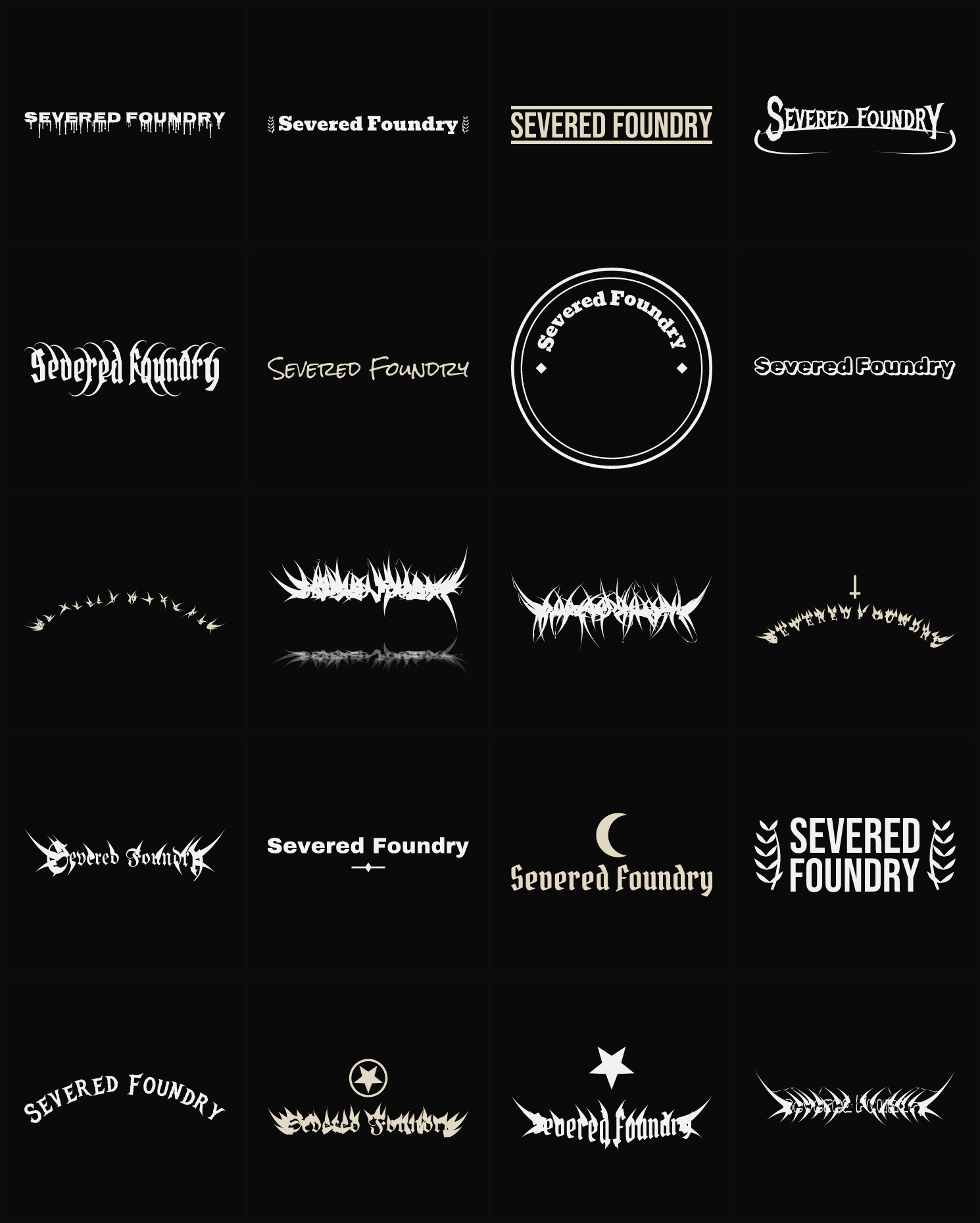 Twenty Severed Foundry band logo ideas — different faces, treatments and spike settings