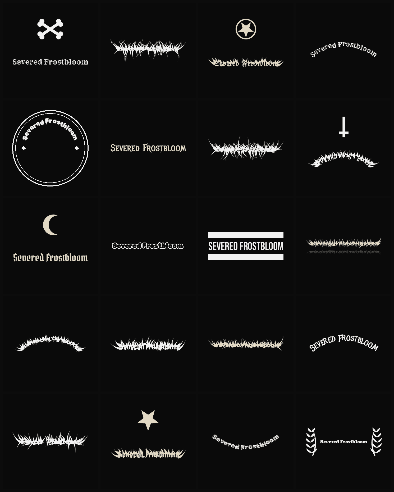 Twenty Severed Frostbloom band logo ideas — different faces, treatments and spike settings