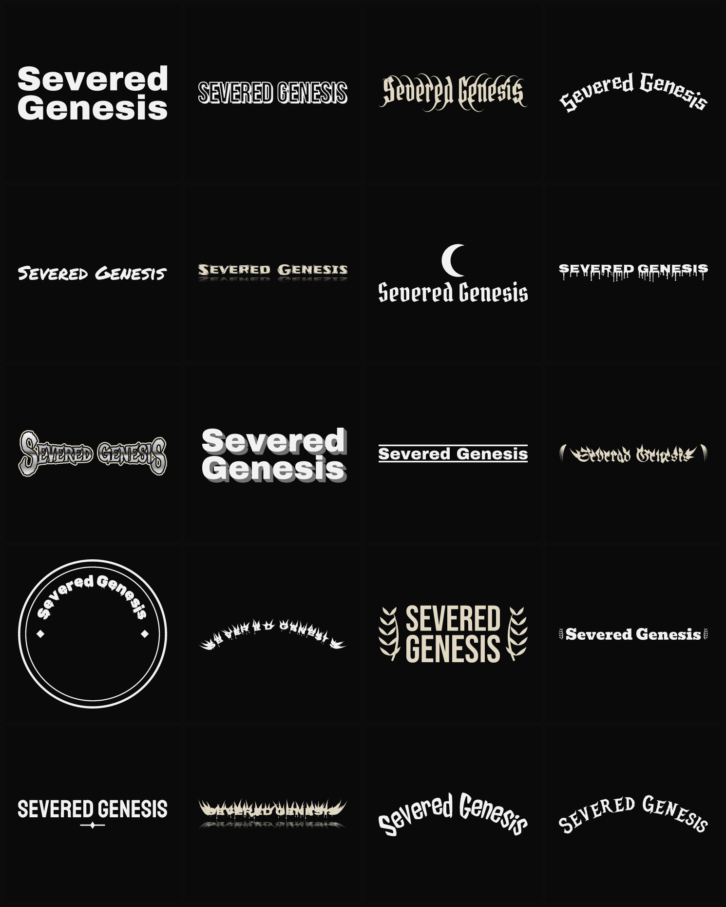 Twenty Severed Genesis band logo ideas — different faces, treatments and spike settings