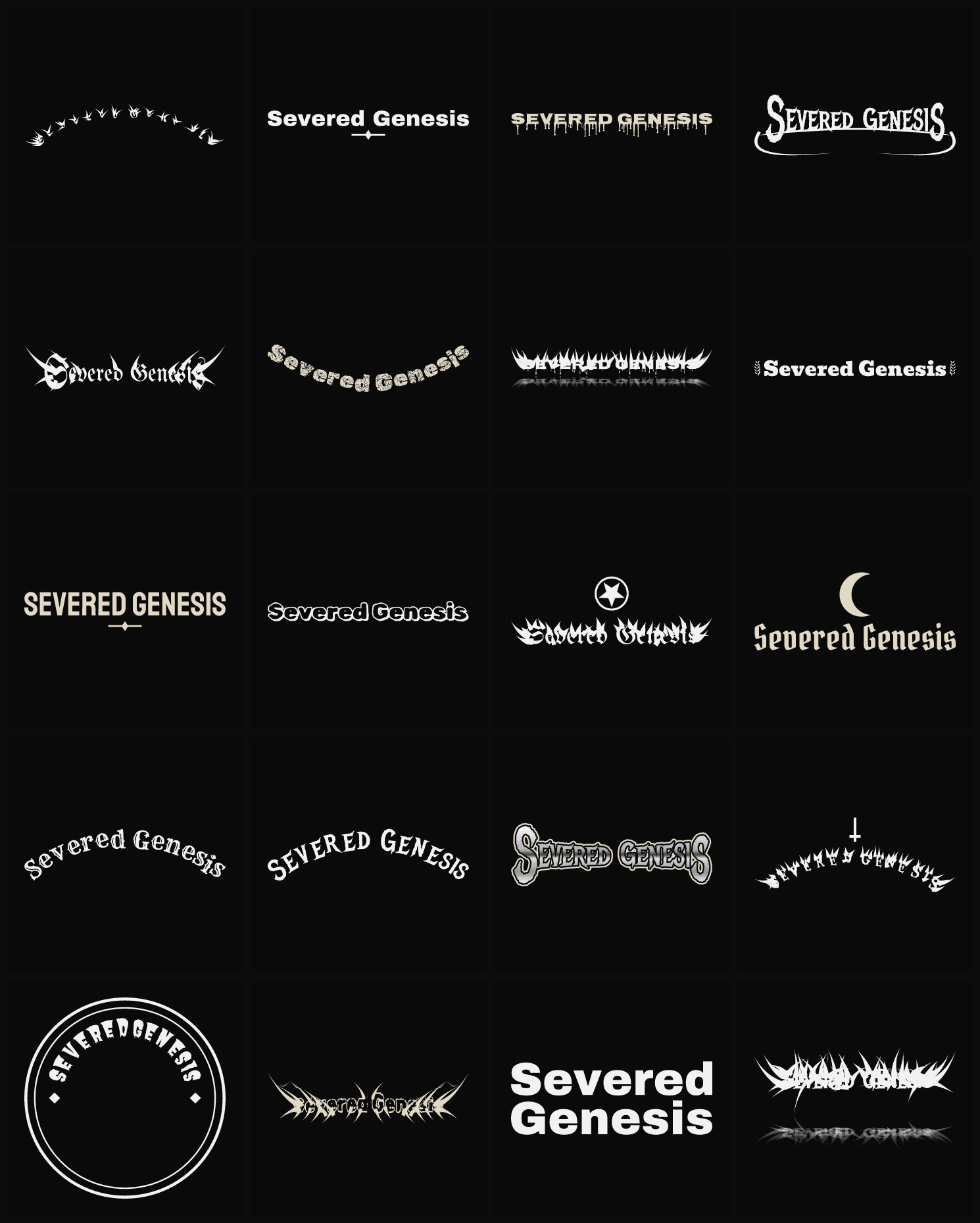 Twenty Severed Genesis band logo ideas — different faces, treatments and spike settings