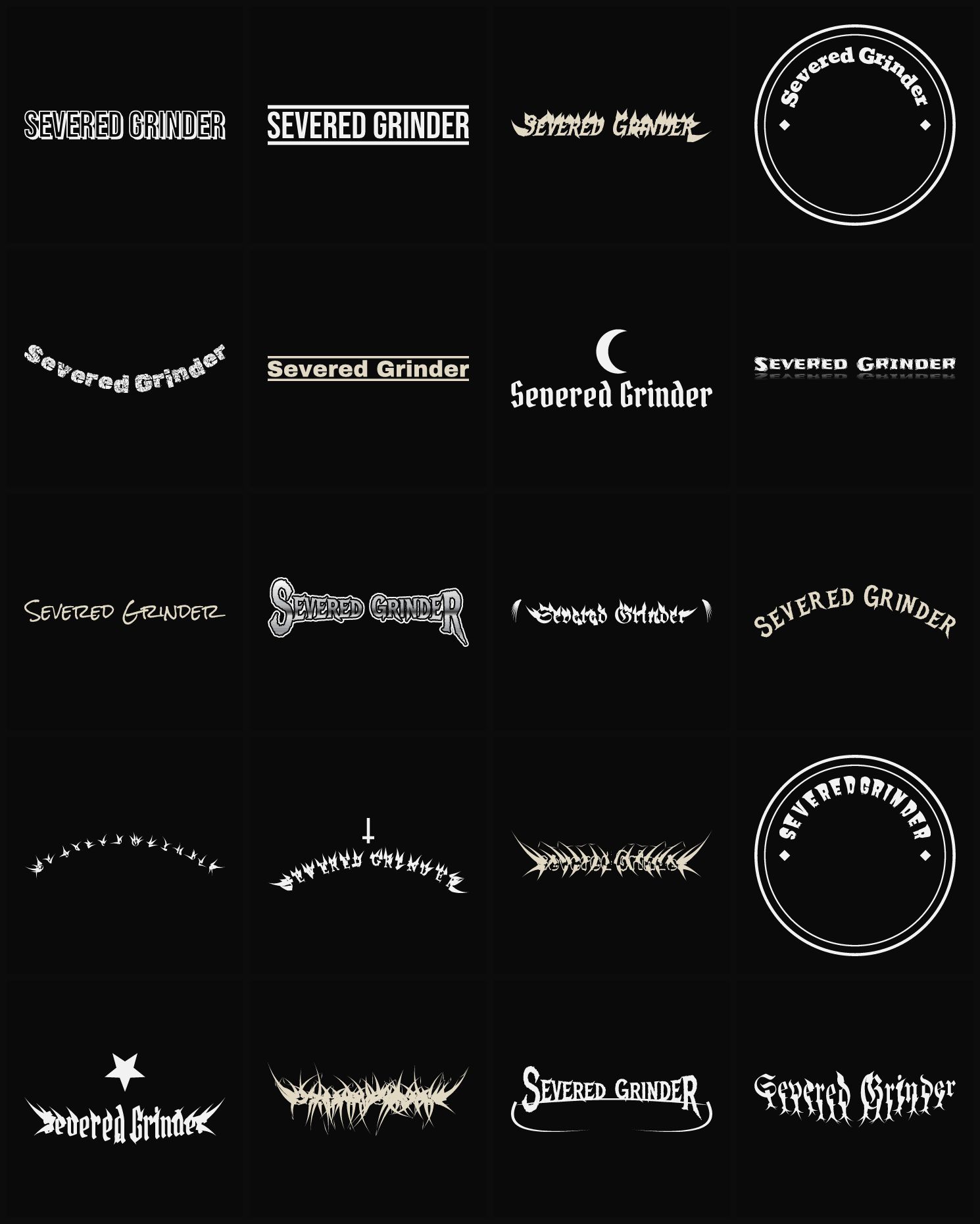 Twenty Severed Grinder band logo ideas — different faces, treatments and spike settings