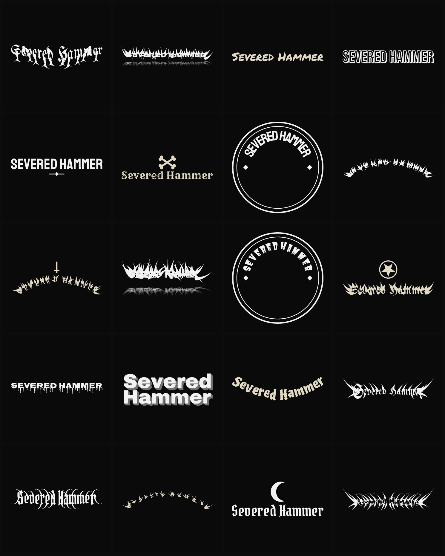 Twenty Severed Hammer band logo ideas — different faces, treatments and spike settings