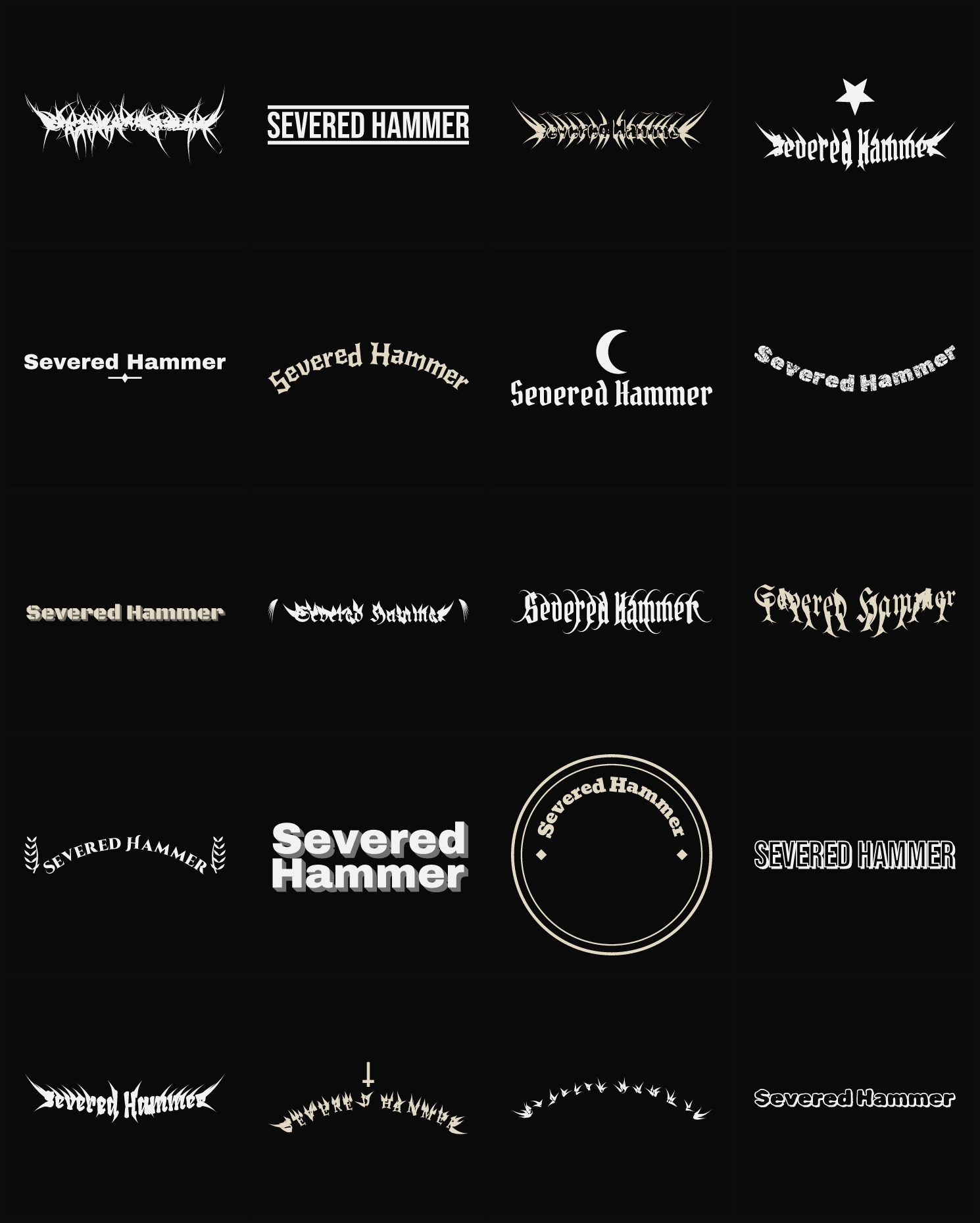 Twenty Severed Hammer band logo ideas — different faces, treatments and spike settings