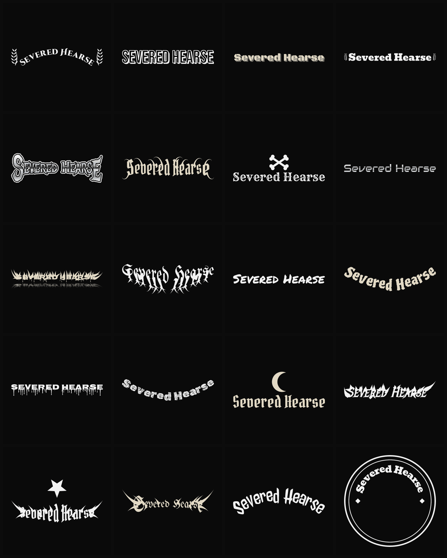 Twenty Severed Hearse band logo ideas — different faces, treatments and spike settings
