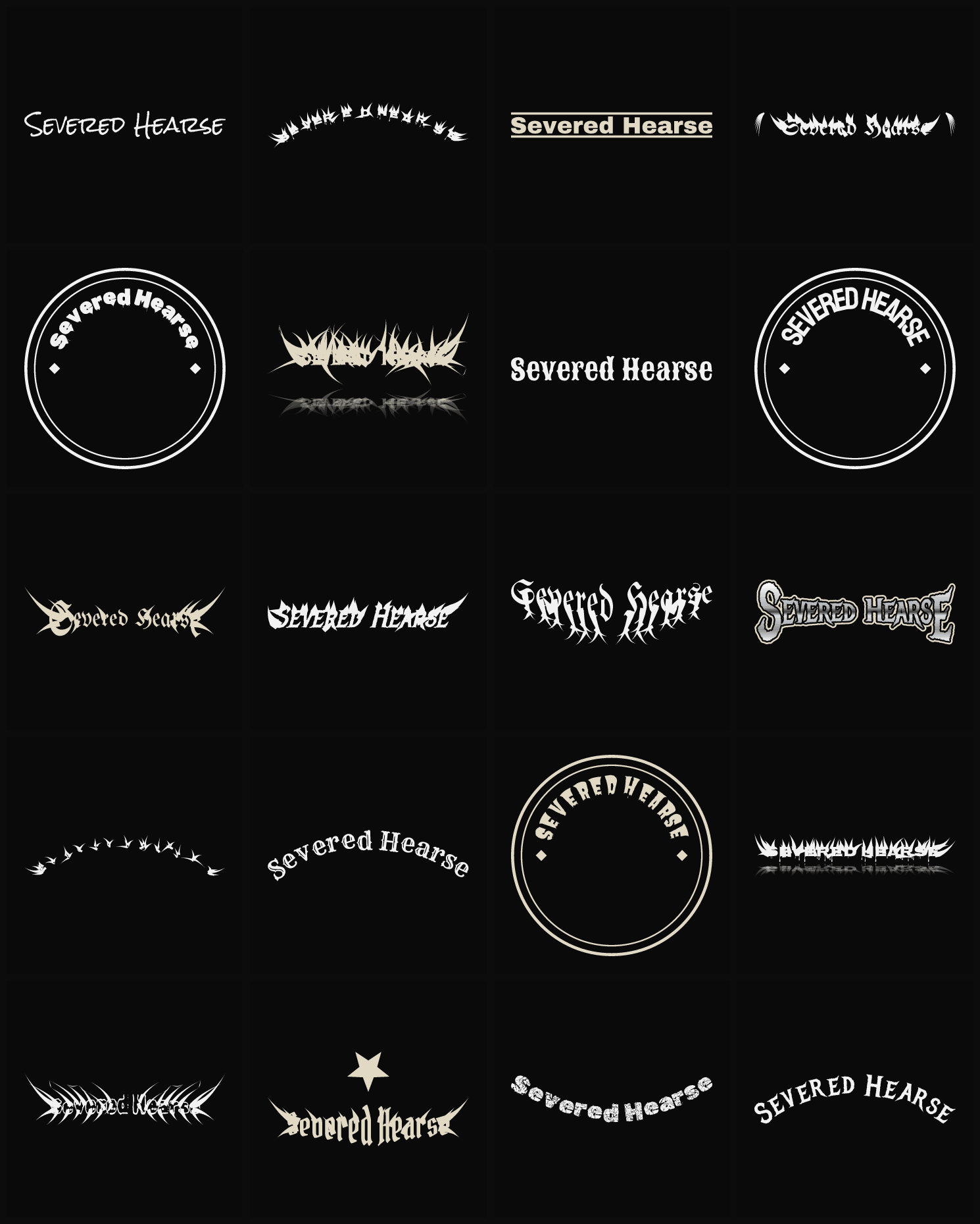 Twenty Severed Hearse band logo ideas — different faces, treatments and spike settings