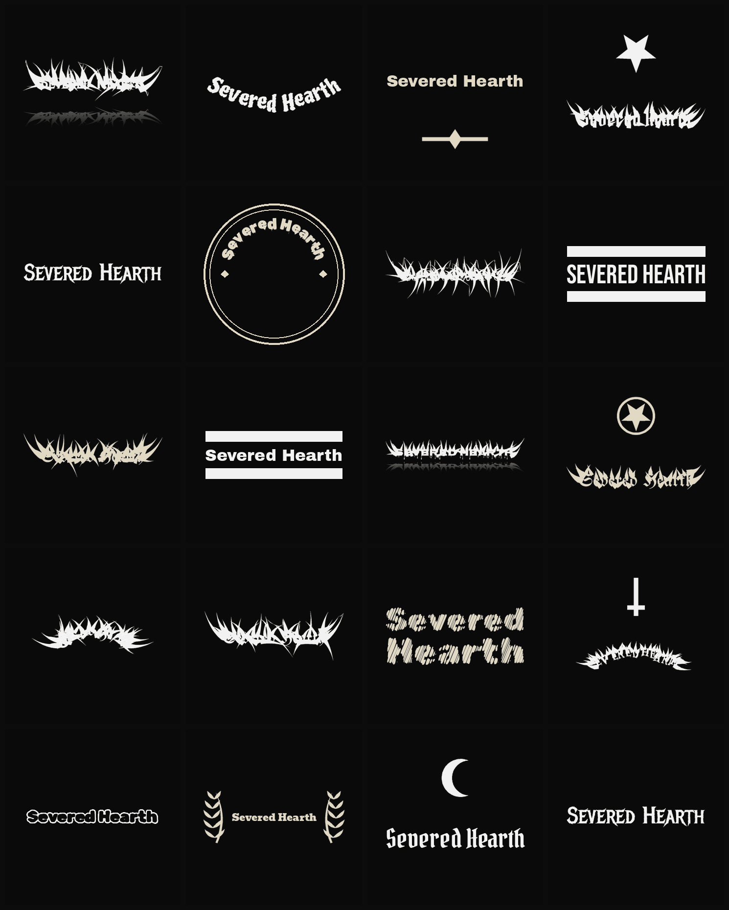 Twenty Severed Hearth band logo ideas — different faces, treatments and spike settings
