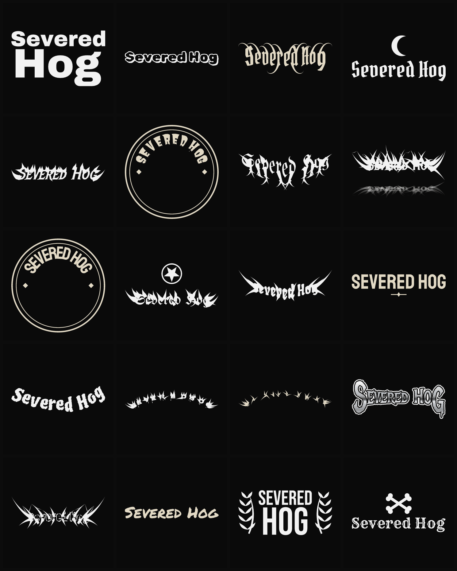 Twenty Severed Hog band logo ideas — different faces, treatments and spike settings