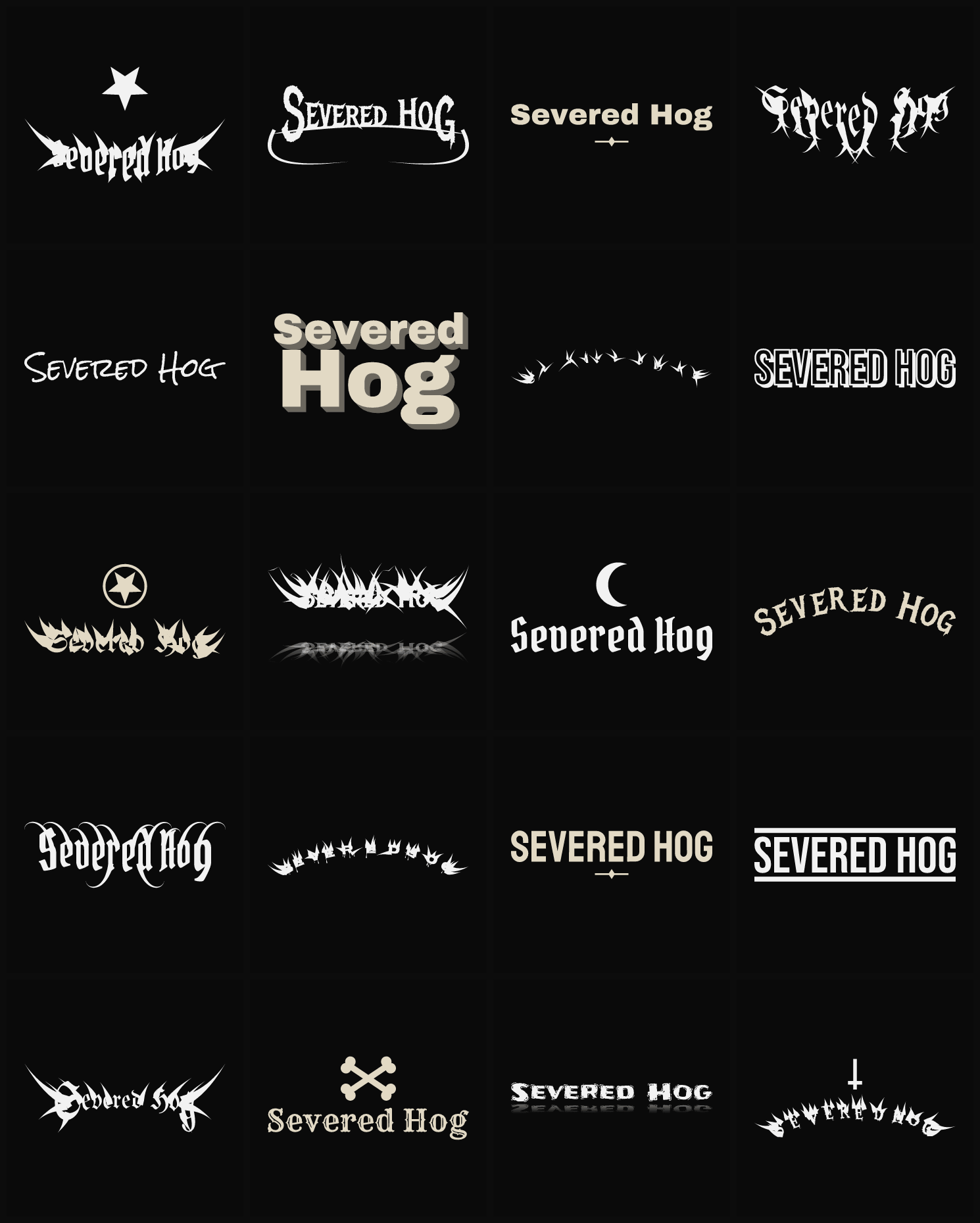 Twenty Severed Hog band logo ideas — different faces, treatments and spike settings