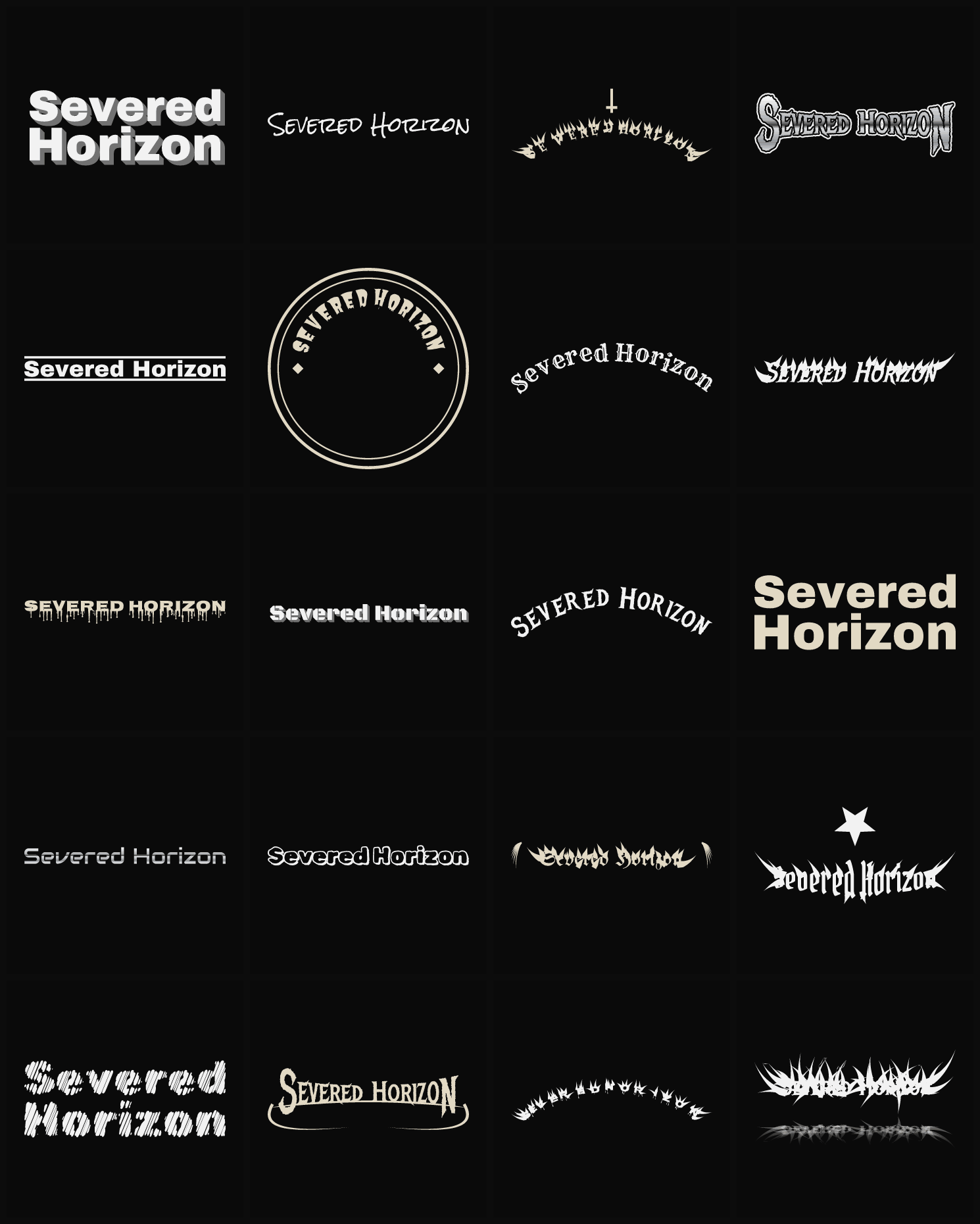 Twenty Severed Horizon band logo ideas — different faces, treatments and spike settings