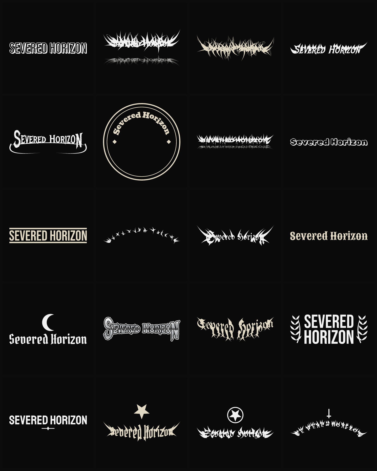 Twenty Severed Horizon band logo ideas — different faces, treatments and spike settings