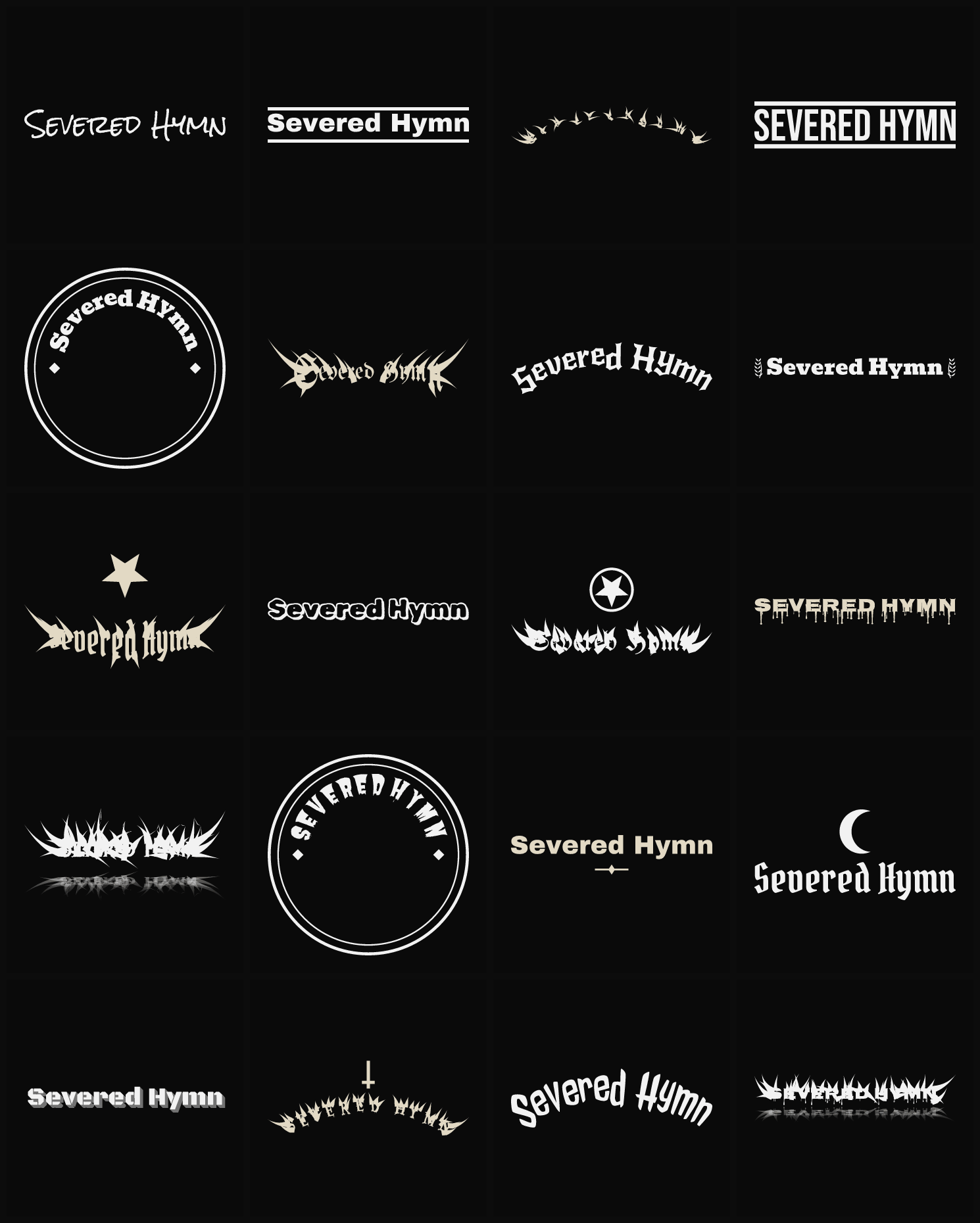 Twenty Severed Hymn band logo ideas — different faces, treatments and spike settings