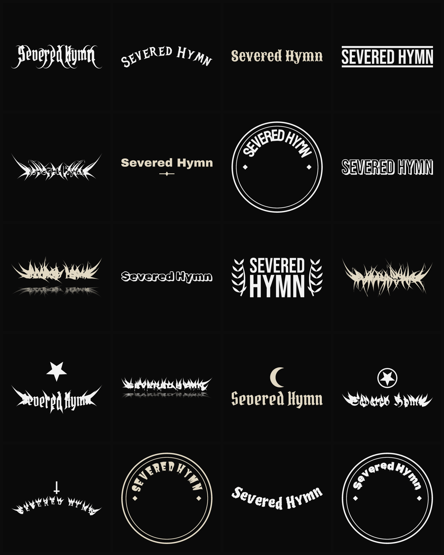 Twenty Severed Hymn band logo ideas — different faces, treatments and spike settings