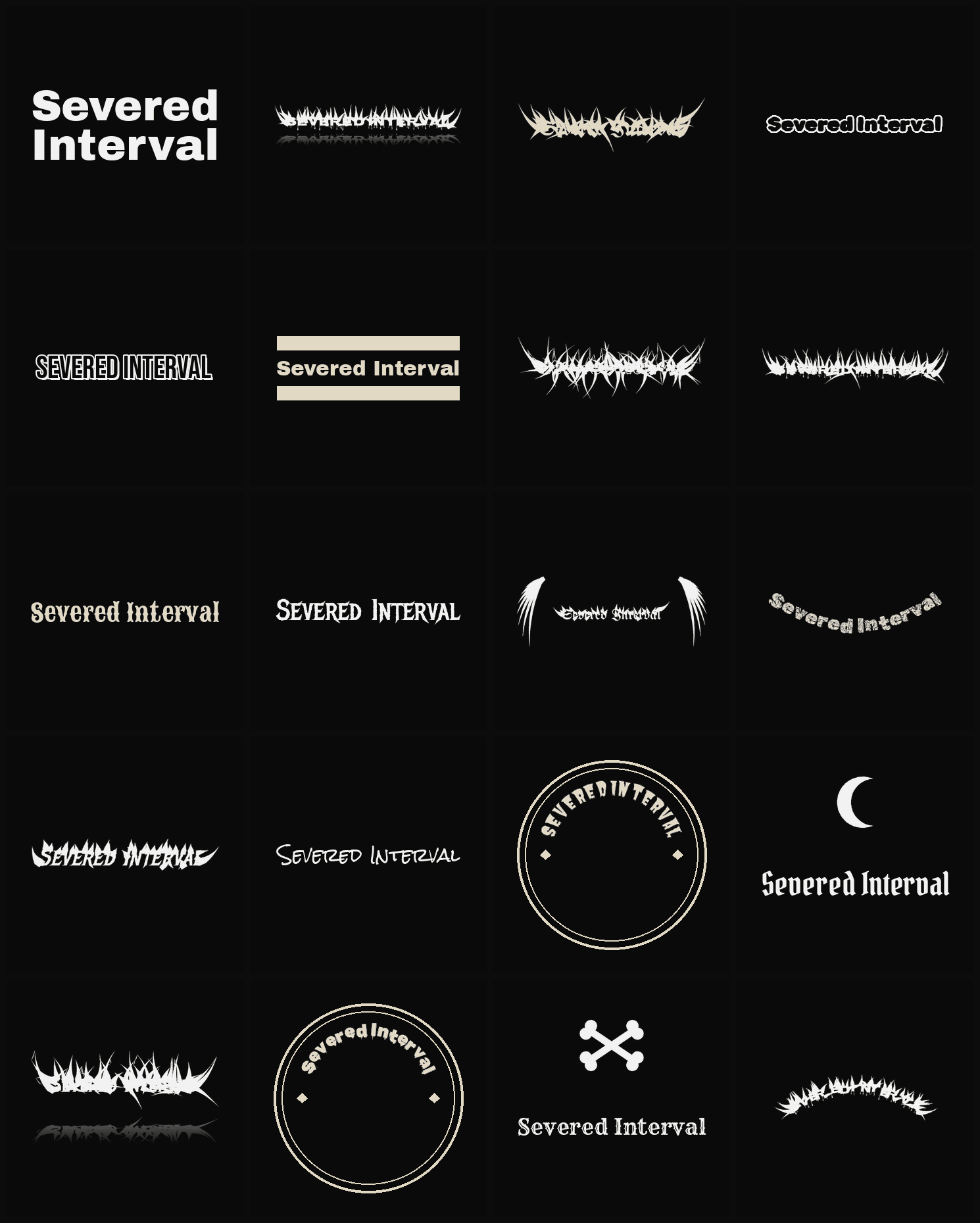 Twenty Severed Interval band logo ideas — different faces, treatments and spike settings
