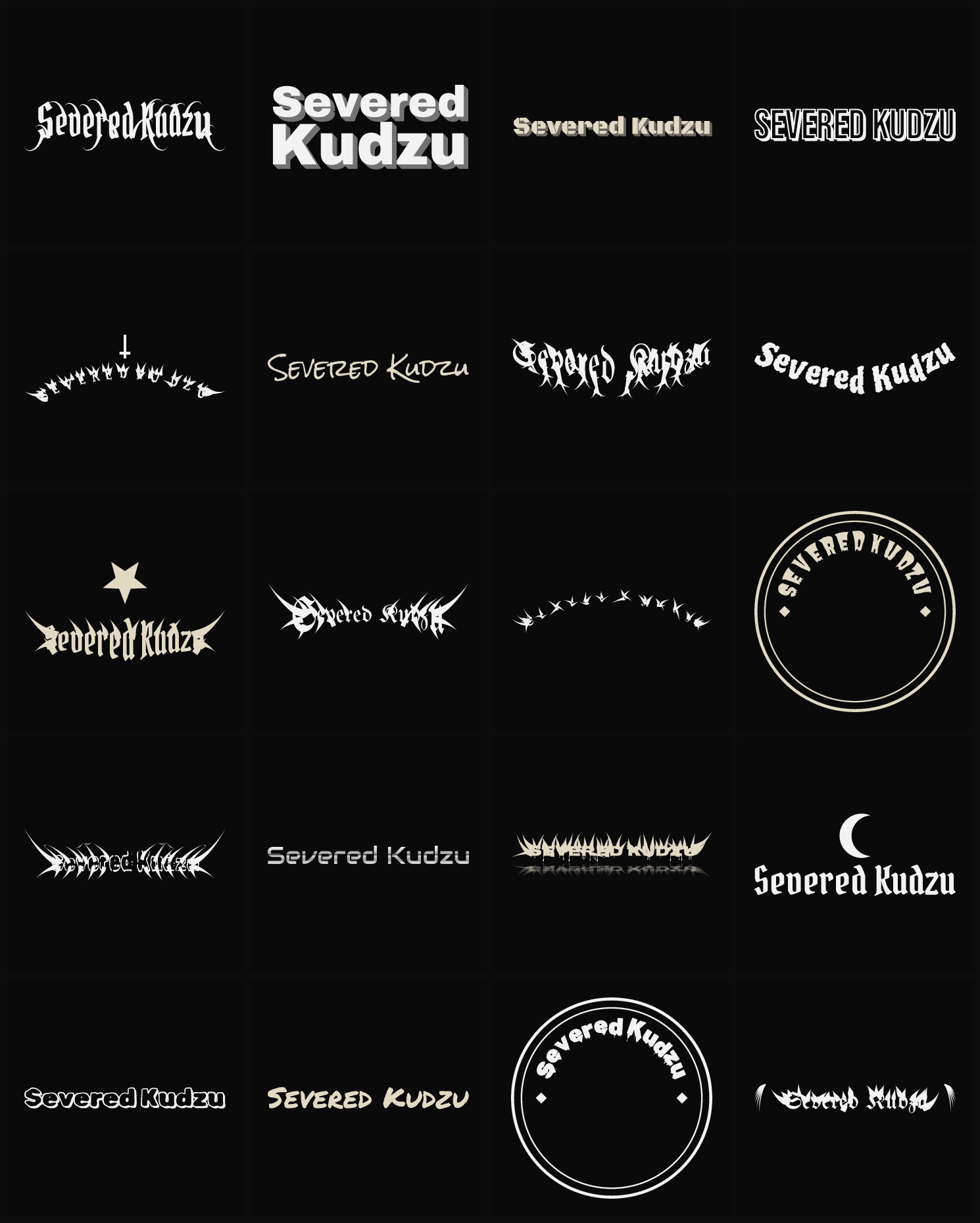 Twenty Severed Kudzu band logo ideas — different faces, treatments and spike settings