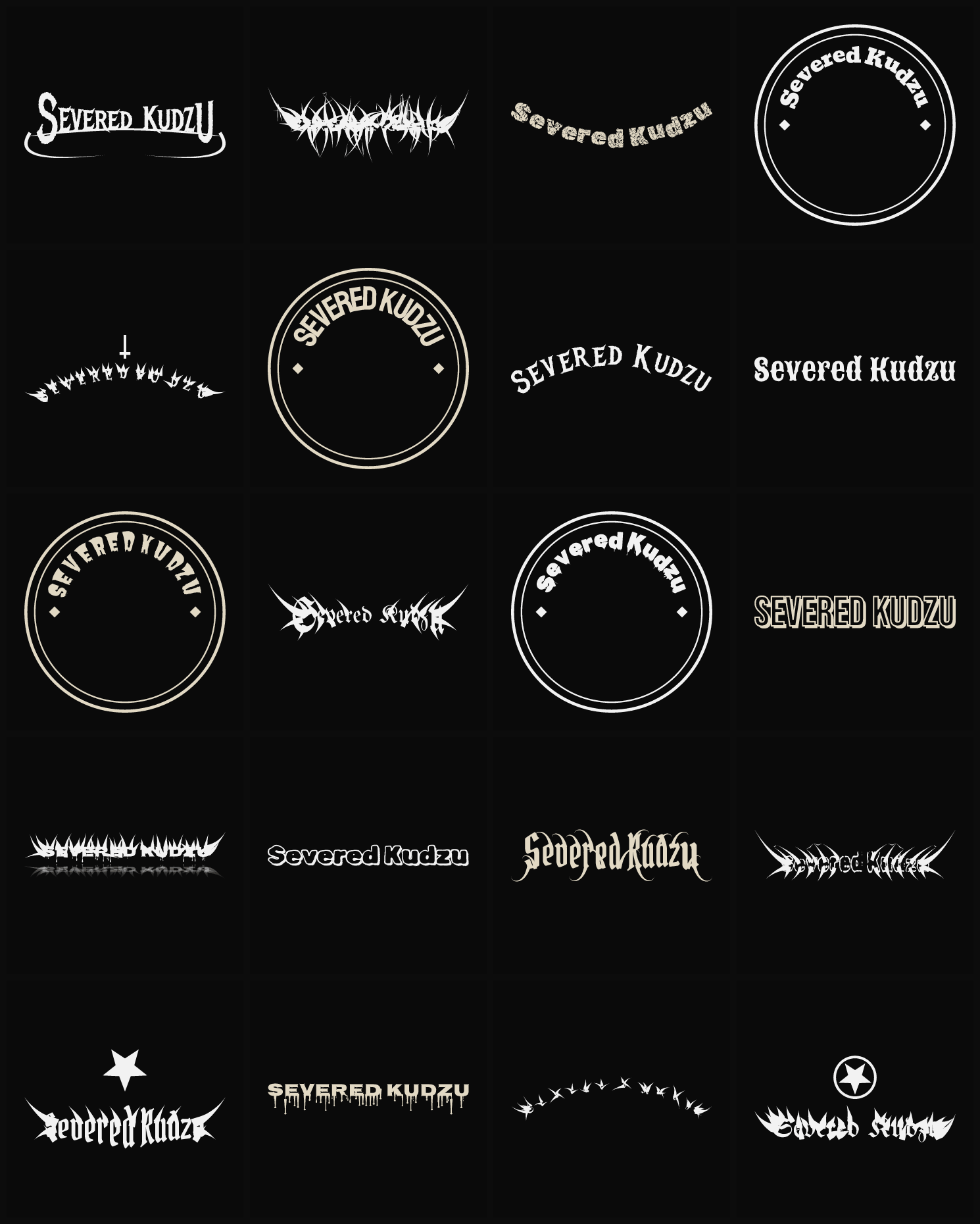 Twenty Severed Kudzu band logo ideas — different faces, treatments and spike settings