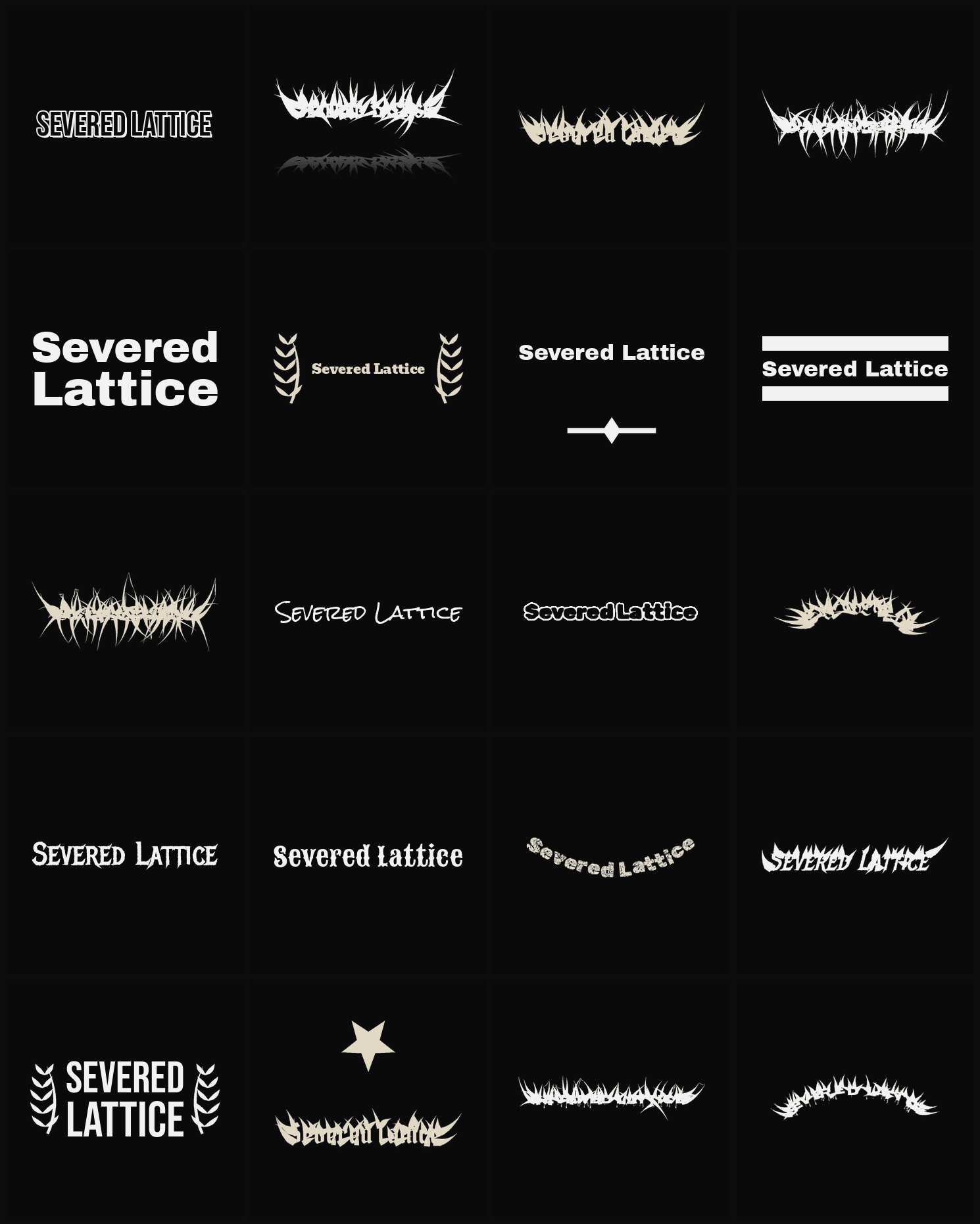 Twenty Severed Lattice band logo ideas — different faces, treatments and spike settings