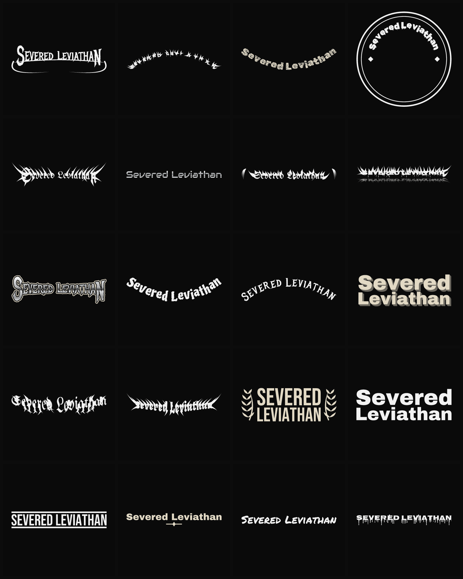 Twenty Severed Leviathan band logo ideas — different faces, treatments and spike settings