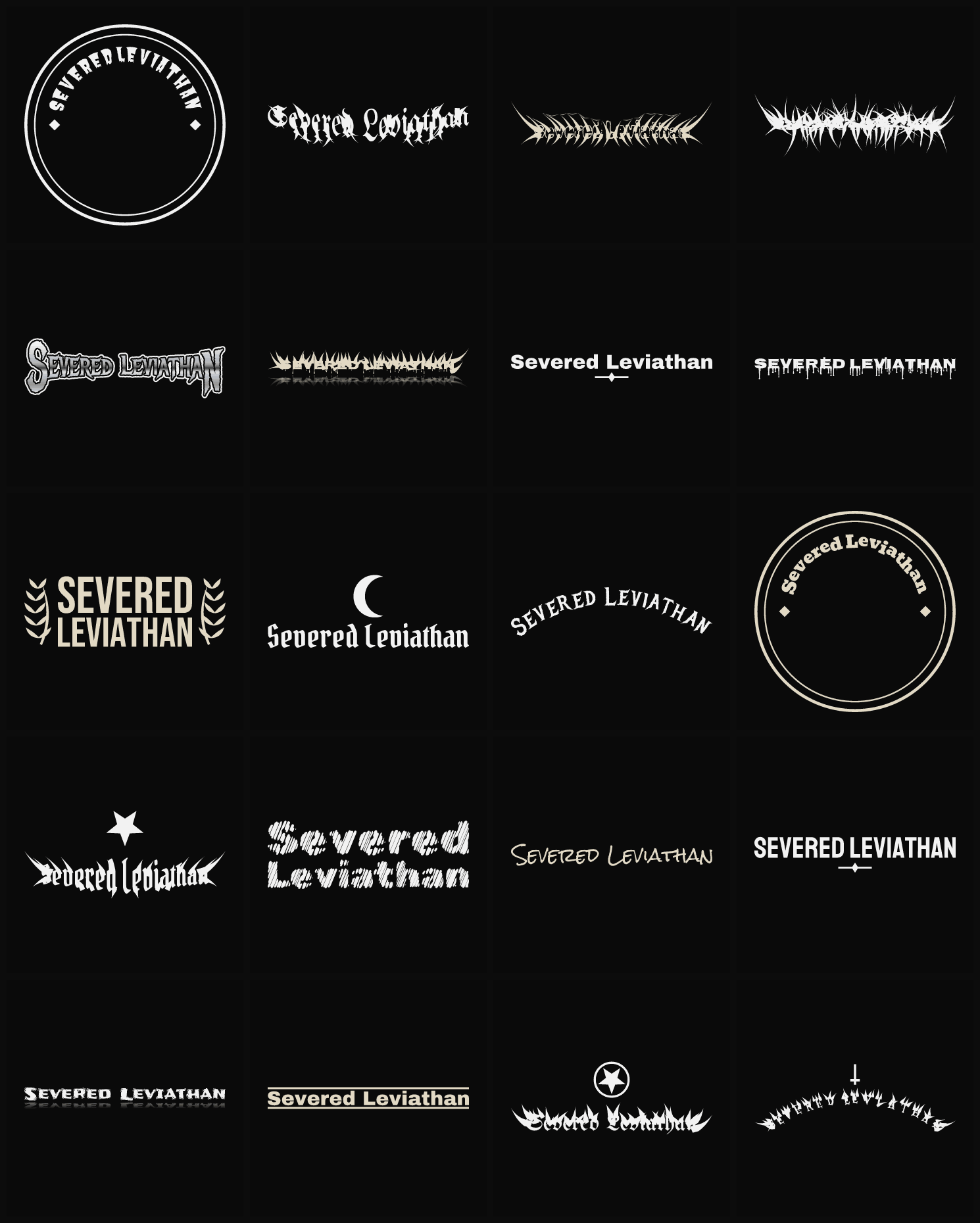 Twenty Severed Leviathan band logo ideas — different faces, treatments and spike settings