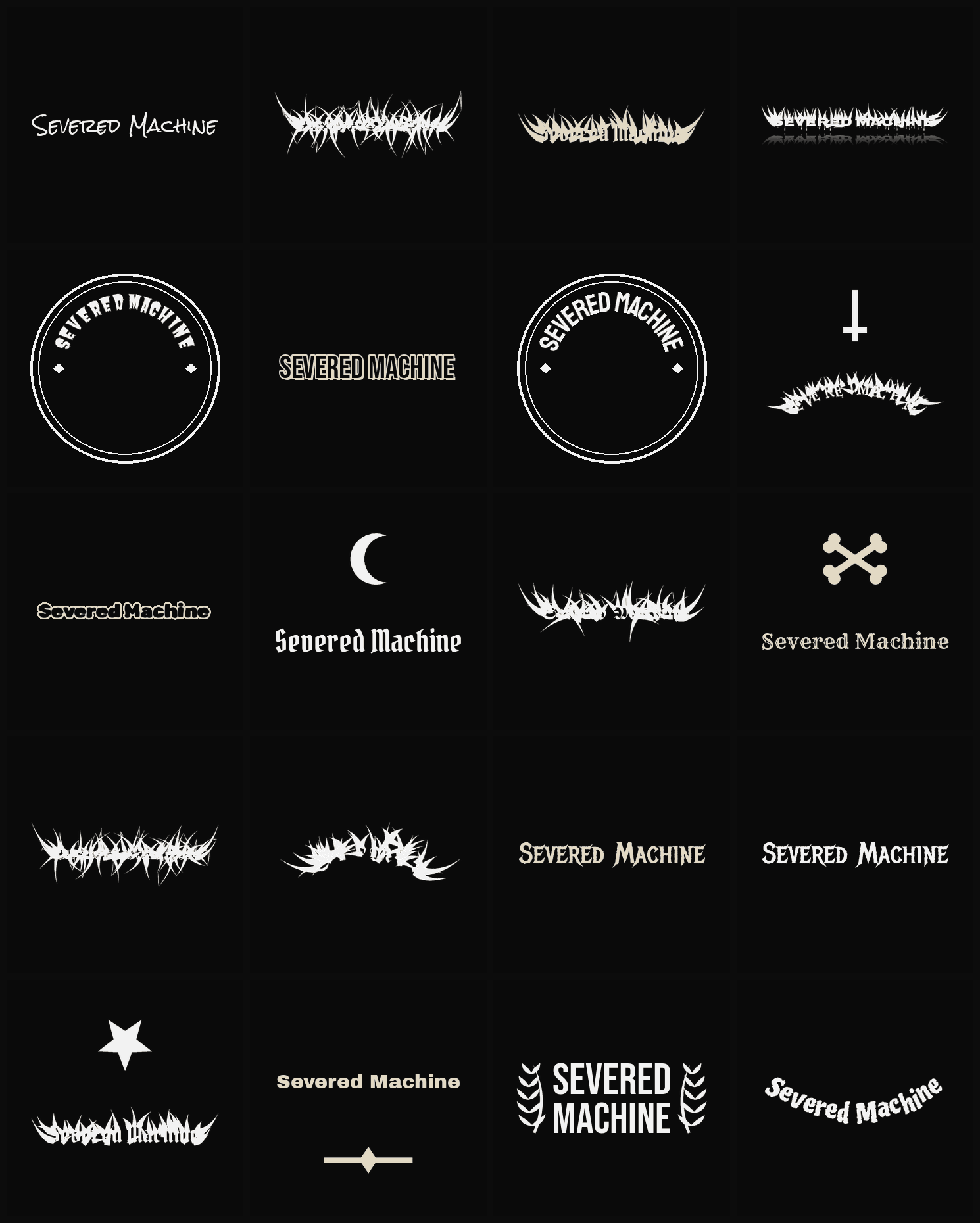 Twenty Severed Machine band logo ideas — different faces, treatments and spike settings