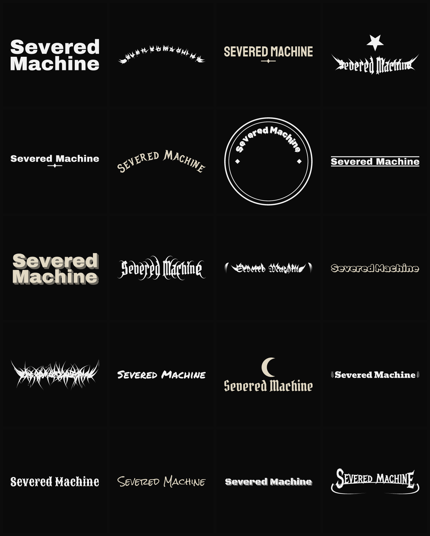 Twenty Severed Machine band logo ideas — different faces, treatments and spike settings