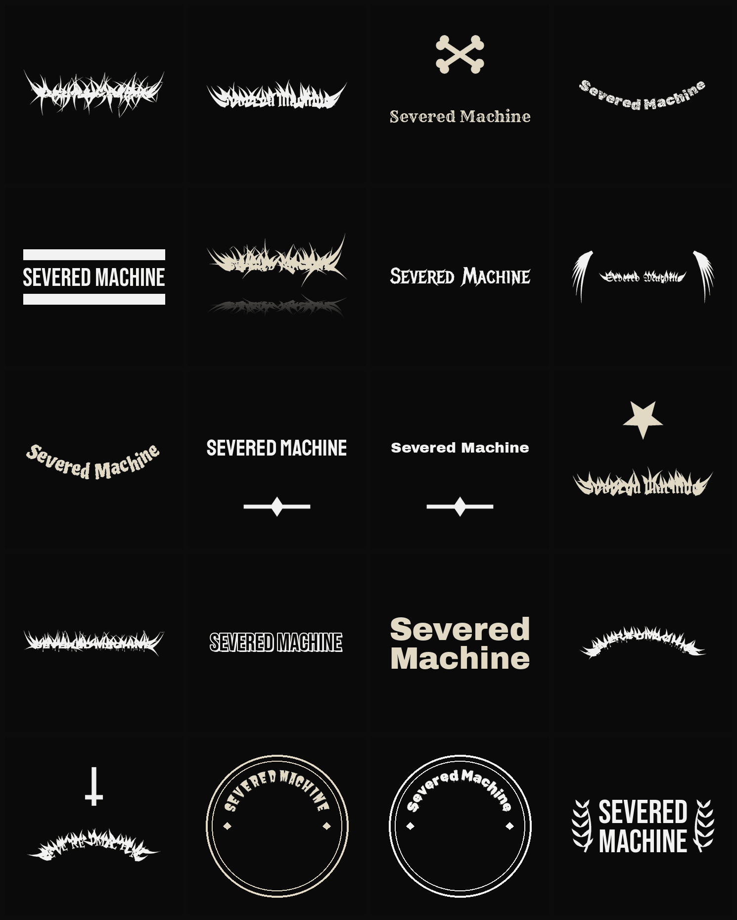 Twenty Severed Machine band logo ideas — different faces, treatments and spike settings