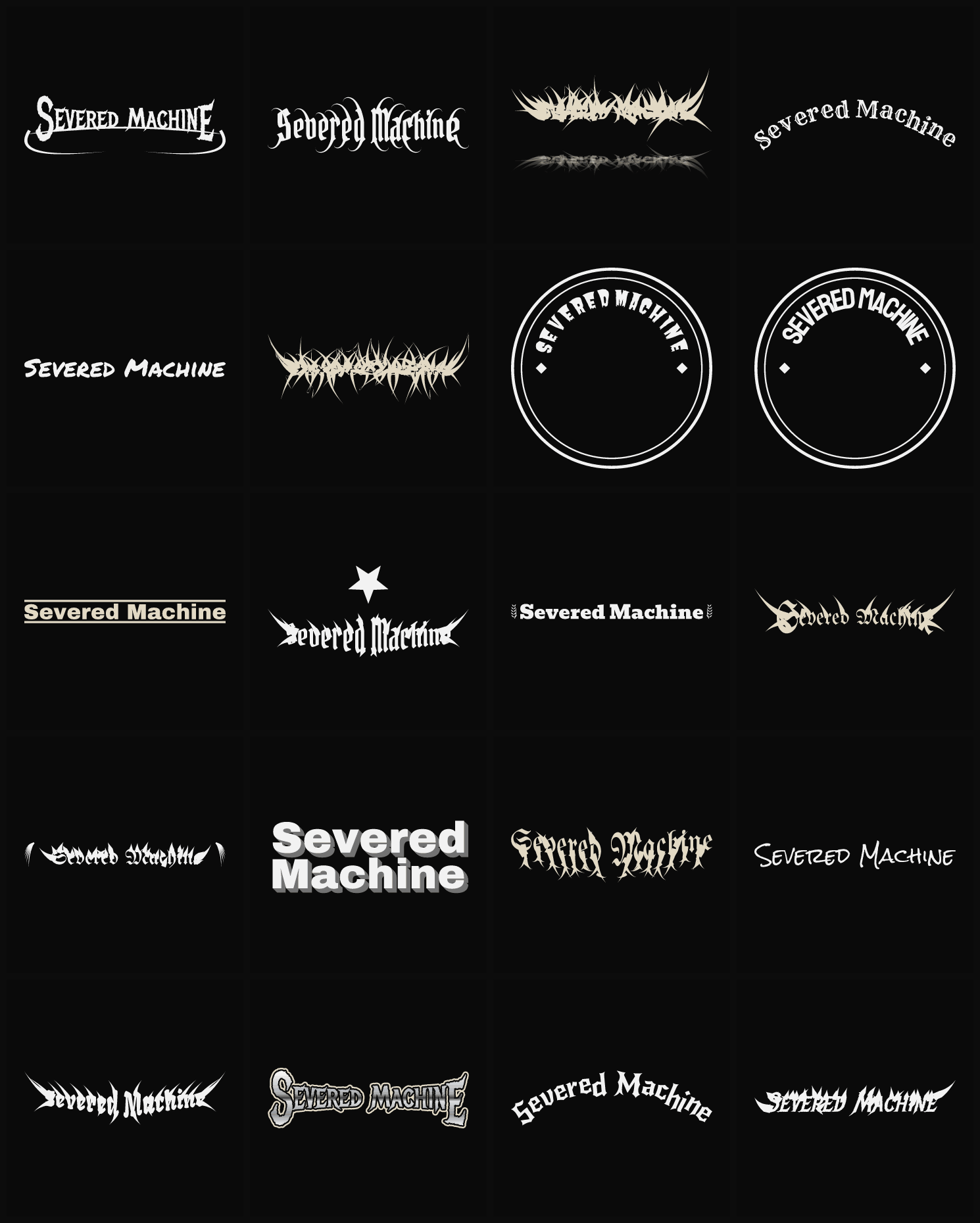 Twenty Severed Machine band logo ideas — different faces, treatments and spike settings