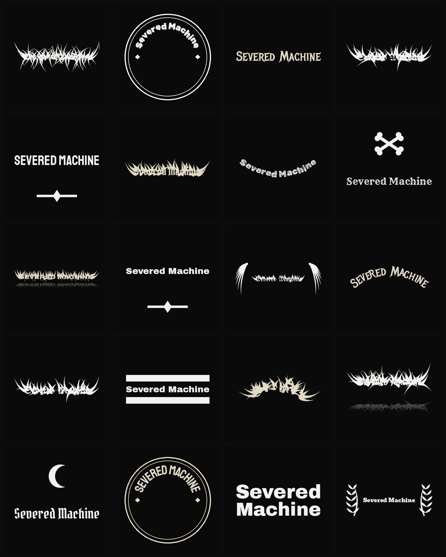 Twenty Severed Machine band logo ideas — different faces, treatments and spike settings