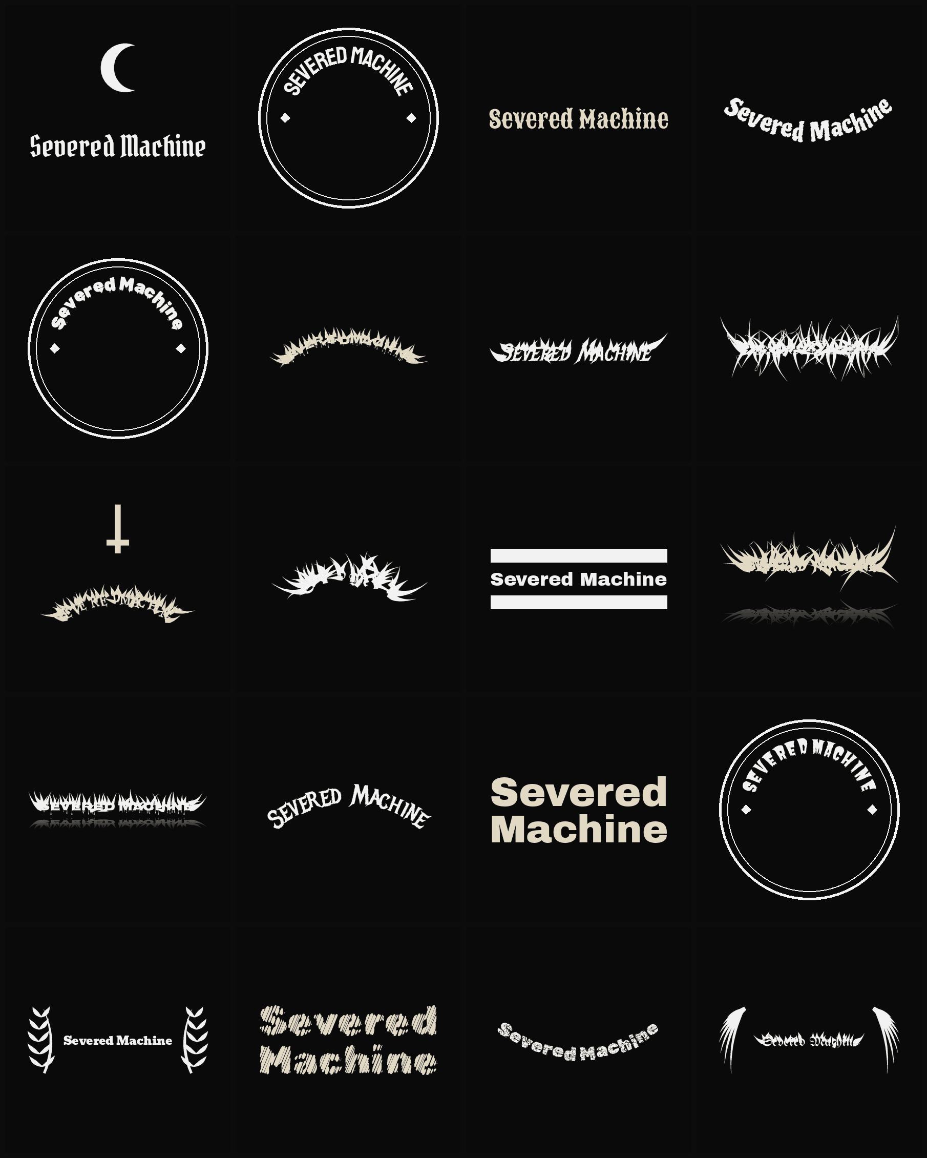 Twenty Severed Machine band logo ideas — different faces, treatments and spike settings