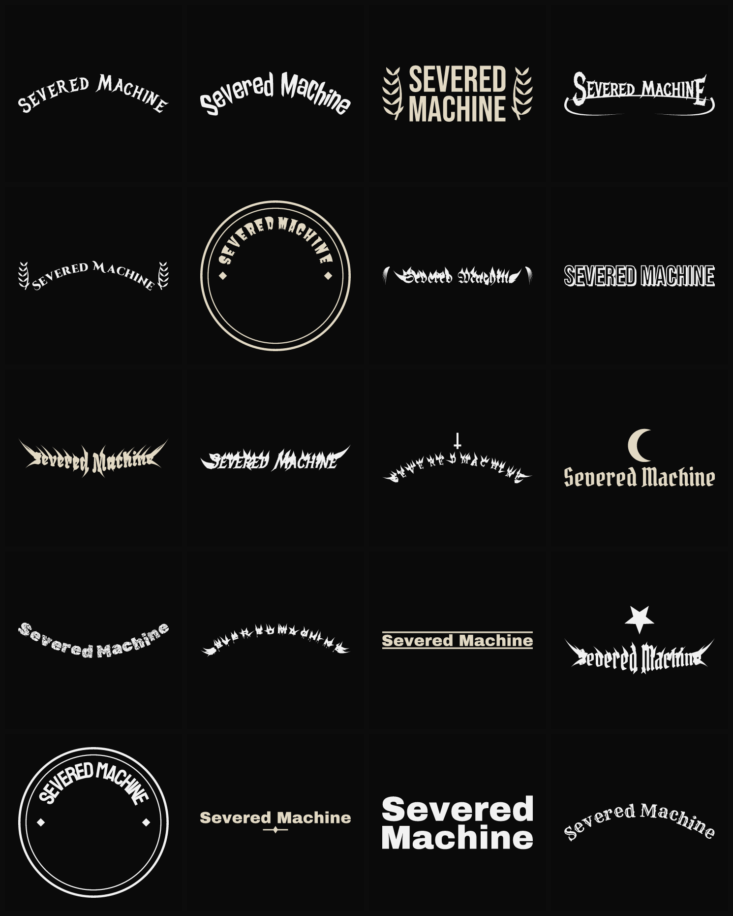 Twenty Severed Machine band logo ideas — different faces, treatments and spike settings