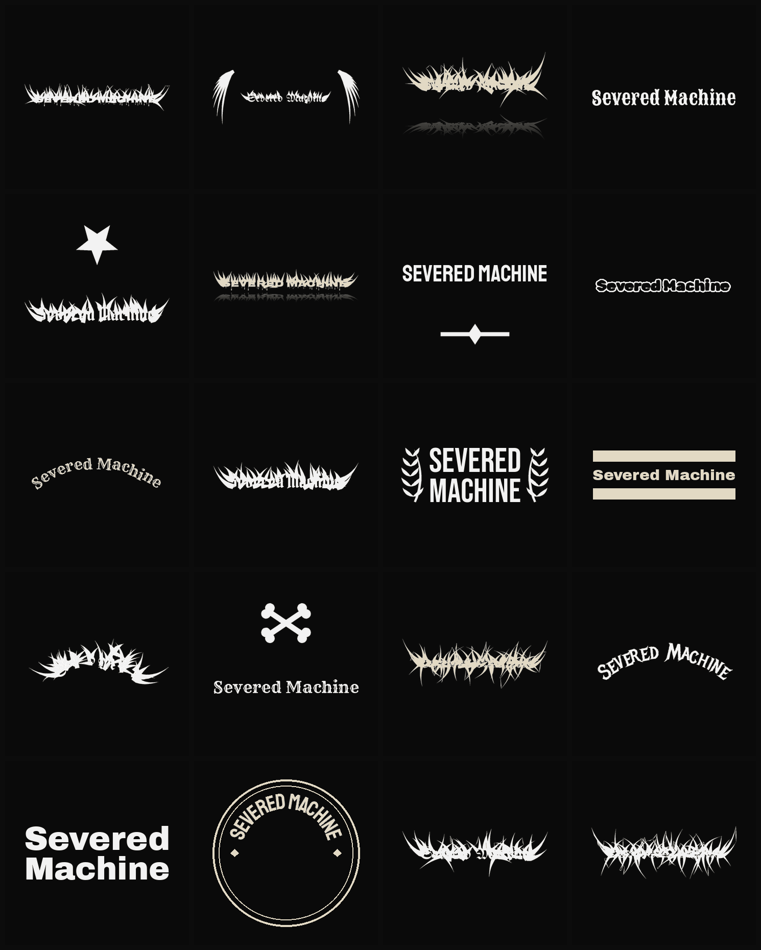 Twenty Severed Machine band logo ideas — different faces, treatments and spike settings