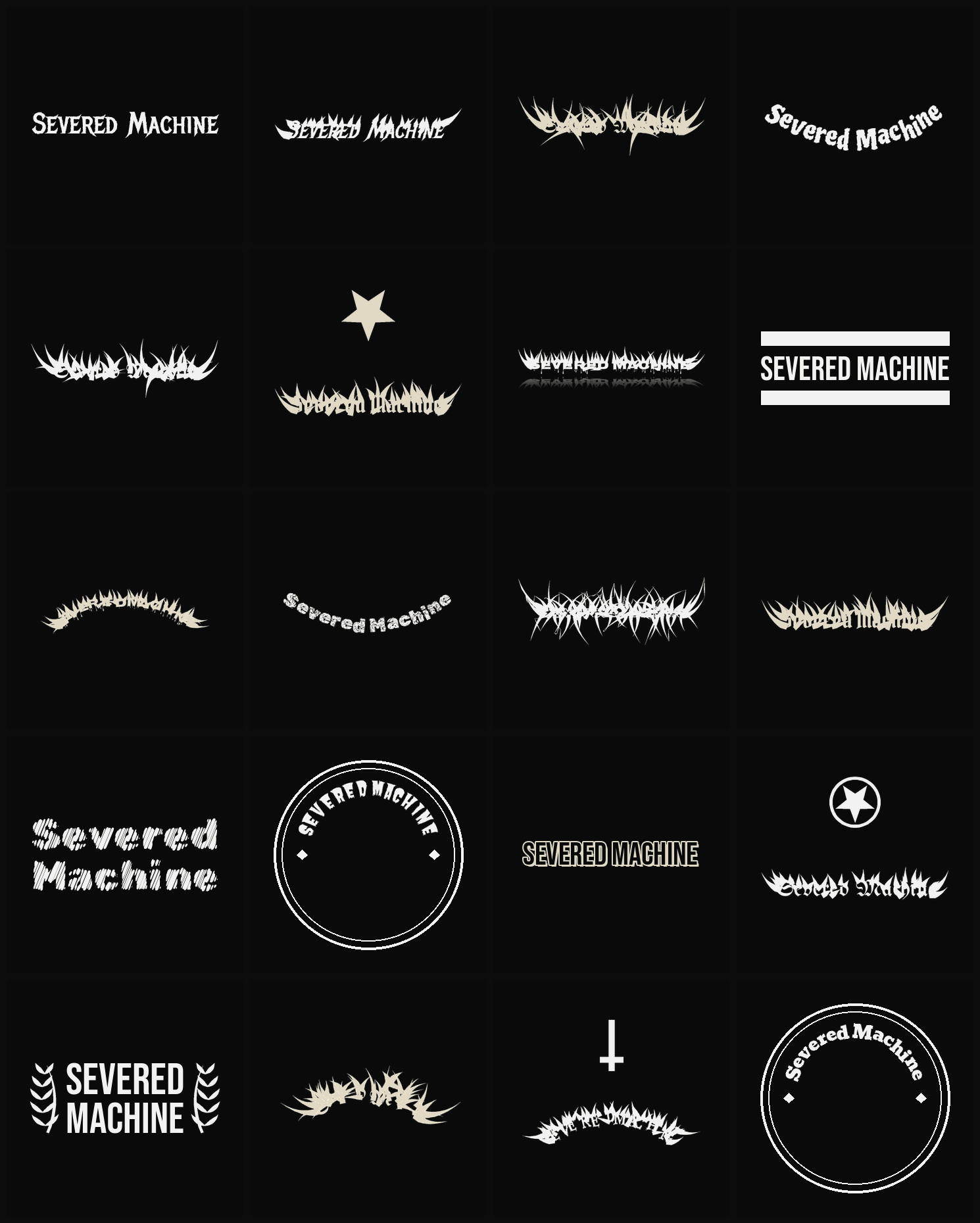Twenty Severed Machine band logo ideas — different faces, treatments and spike settings