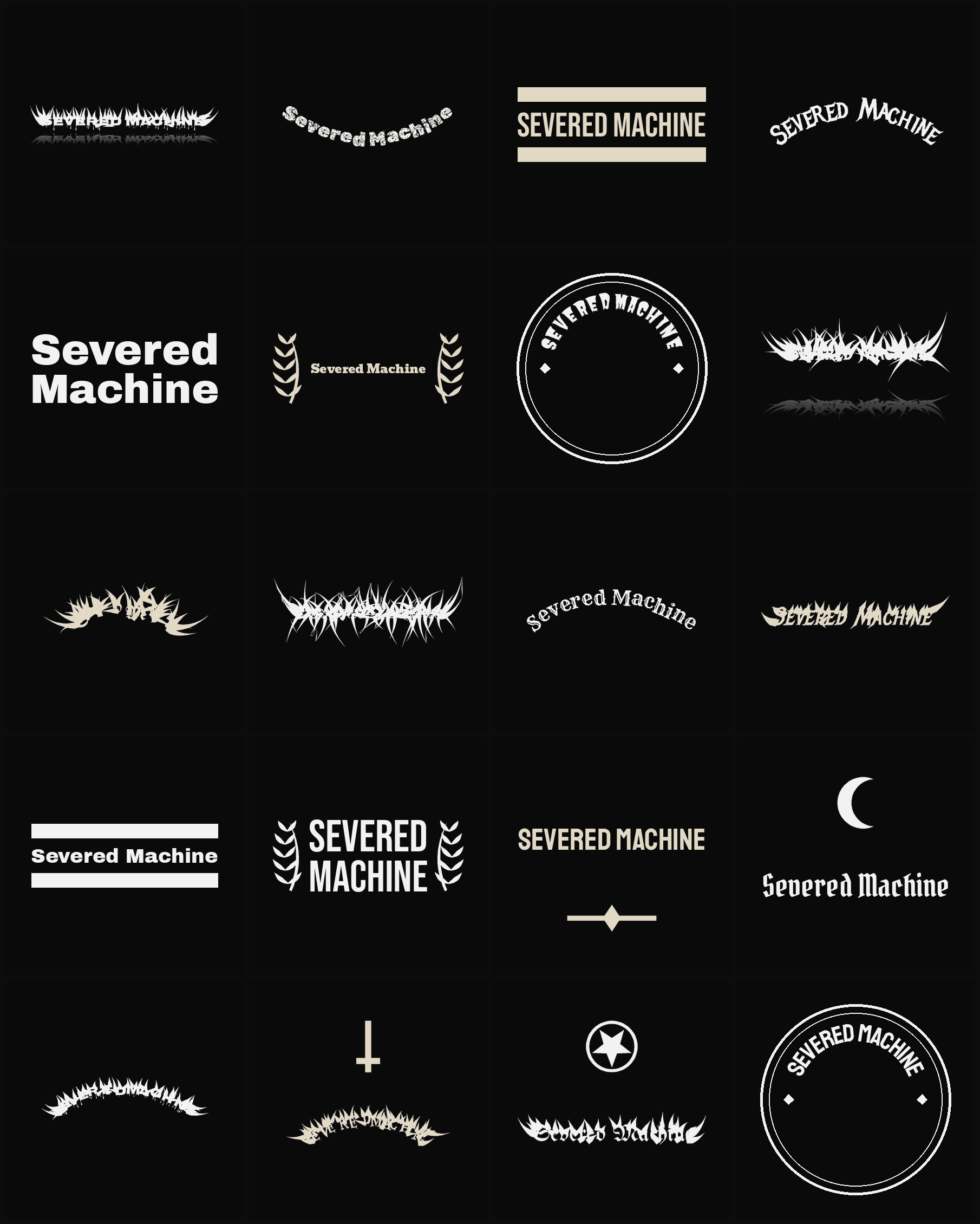Twenty Severed Machine band logo ideas — different faces, treatments and spike settings
