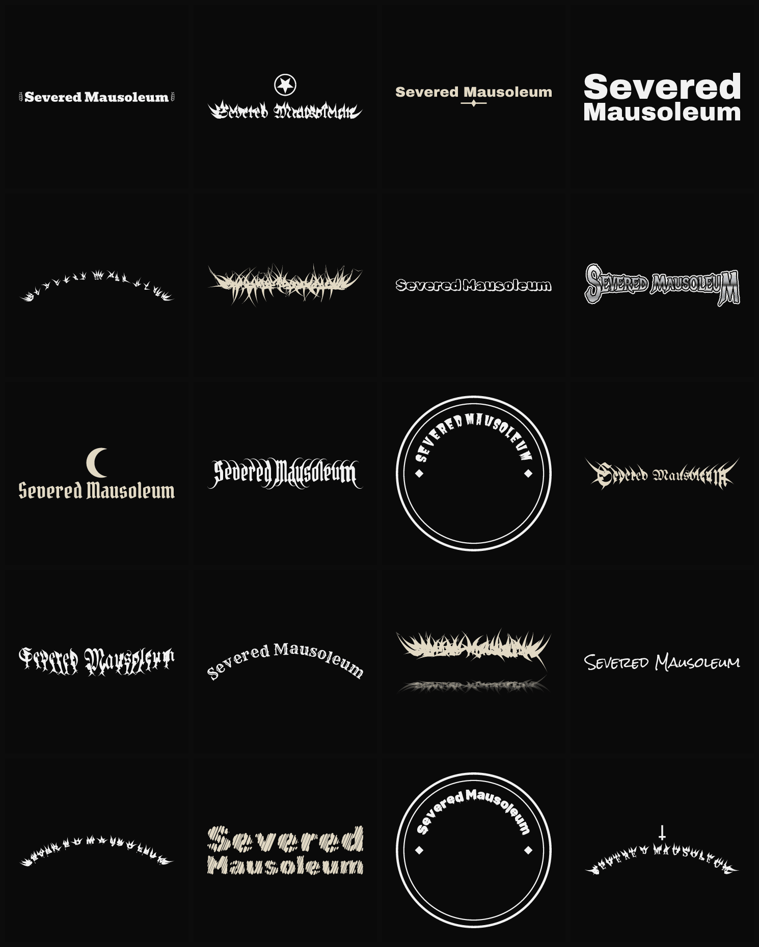 Twenty Severed Mausoleum band logo ideas — different faces, treatments and spike settings