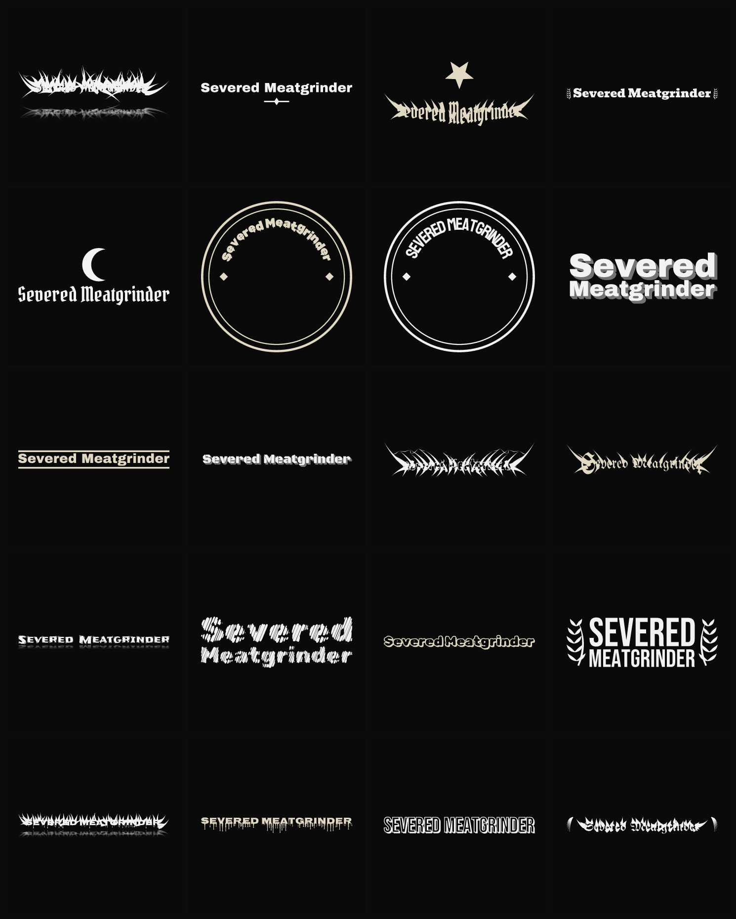 Twenty Severed Meatgrinder band logo ideas — different faces, treatments and spike settings